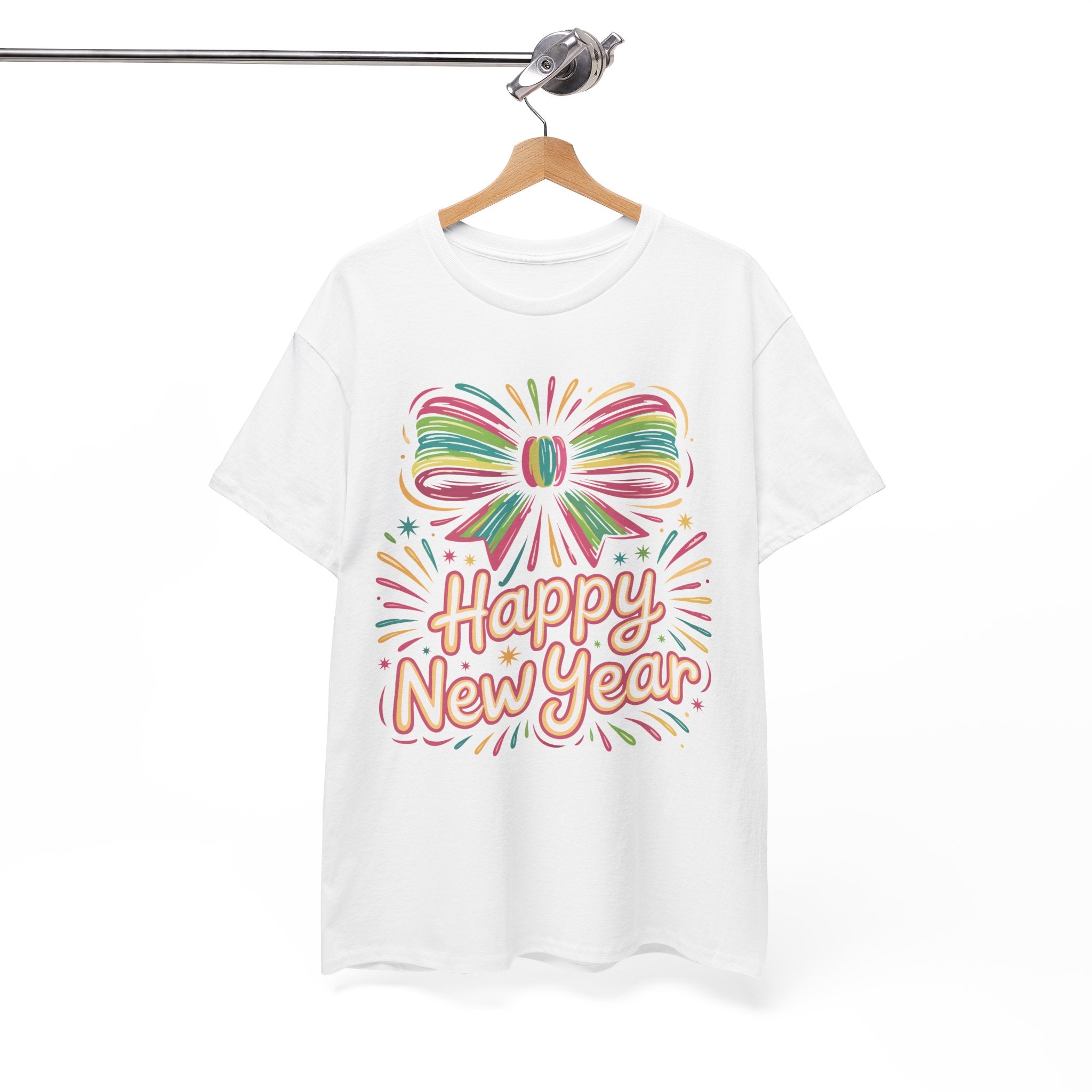 Happy New Year Pastel Tee — Rainbow Bow & Fireworks Celebration Unisex Cotton Tshirt