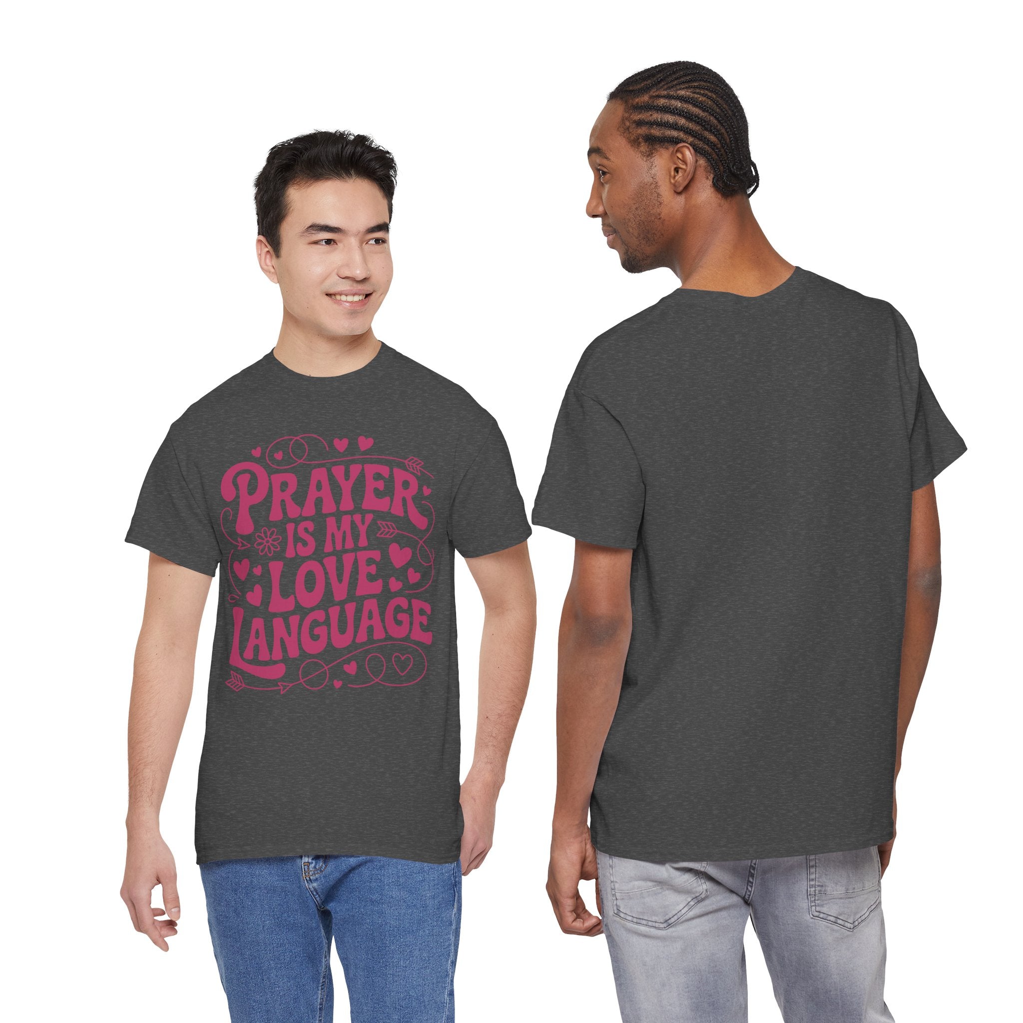Prayer Is My Love Language Christian Tee — Pastel Pink Hearts Unisex Cotton Tee