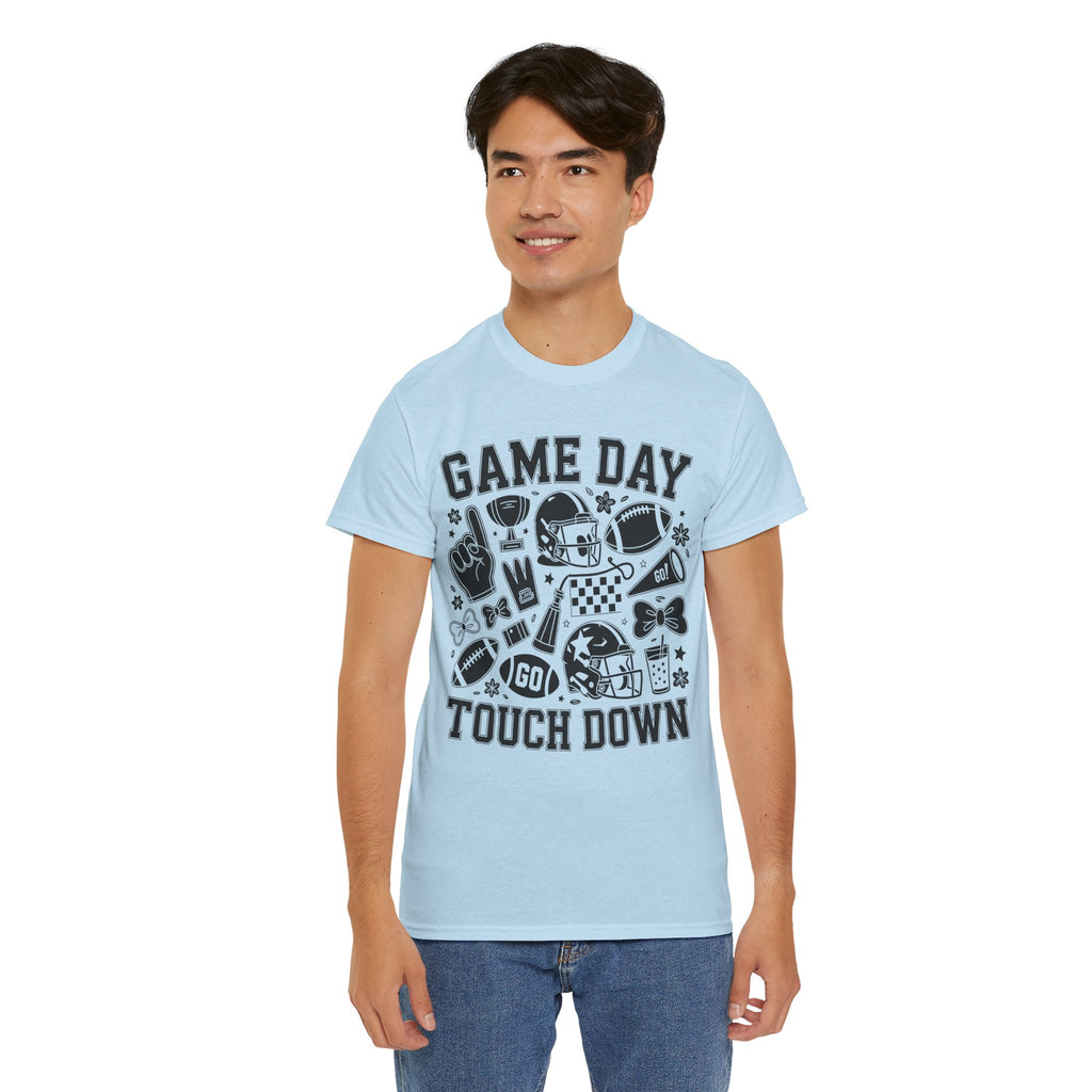 Game Day Touch Down Football T‑Shirt — Helmet & Cheer Monochrome Design Unisex Cotton Tee