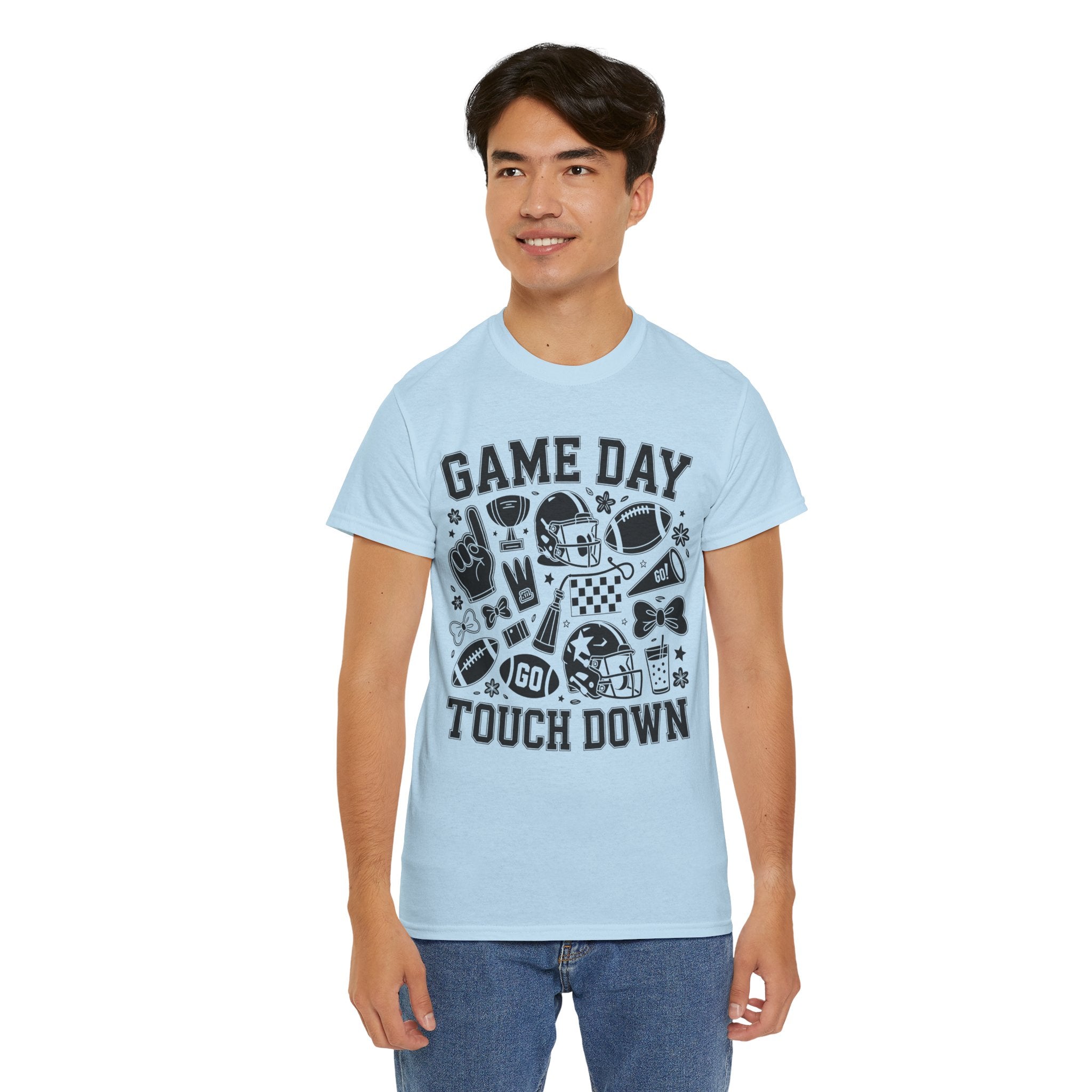 Game Day Touch Down Football T‑Shirt — Helmet & Cheer Monochrome Design Unisex Cotton Tee