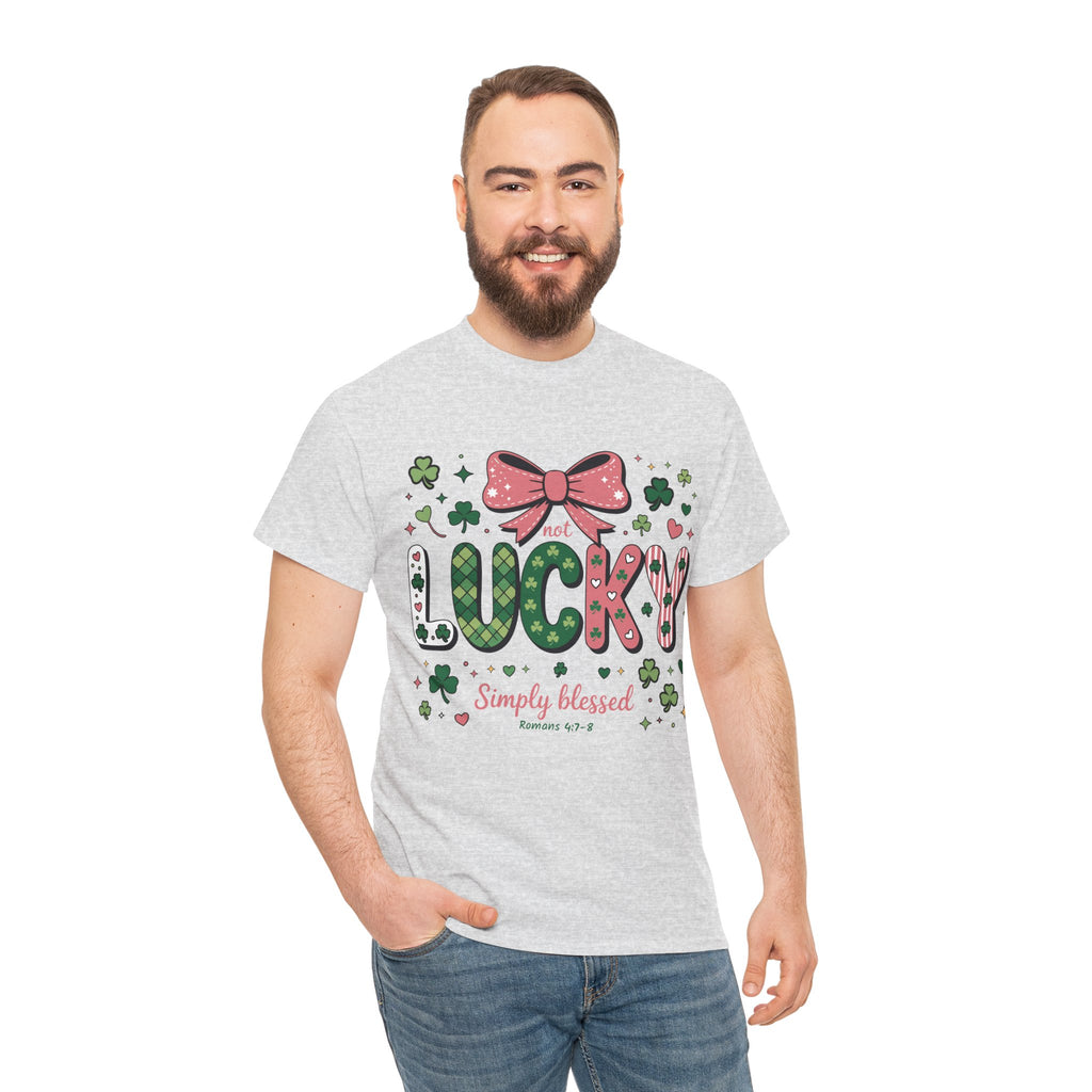 Simply Blessed Tee — “Not Lucky, Simply Blessed” with Pastel Bow, Clovers & Romans 4:7-8 Unisex Cotton Tee