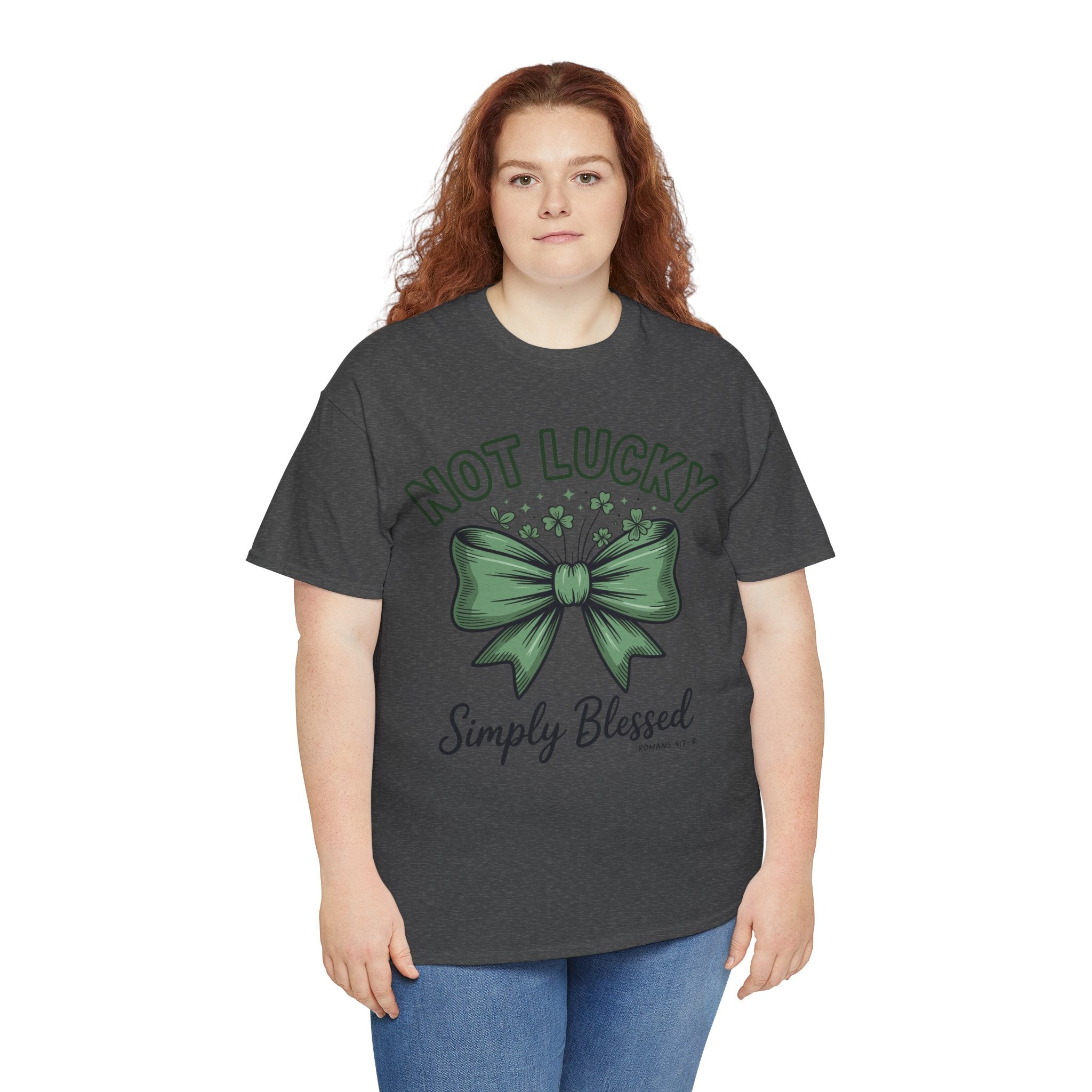 Not Lucky, Simply Blessed T-Shirt — Green Bow & Clovers St. Patrick’s Unisex Cotton Tee