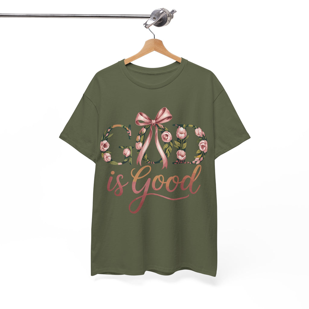 God Is Good Pink Rose Tee — Floral Ribbon Faith Unisex Cotton T-Shirt
