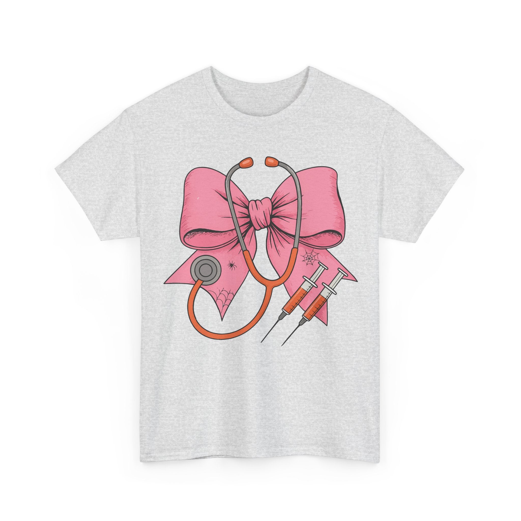 Halloween Nurse T‑Shirt — Pink Nurse Bow with Stethoscope, Syringes & Spider Webs..Unisex Cotton Tee