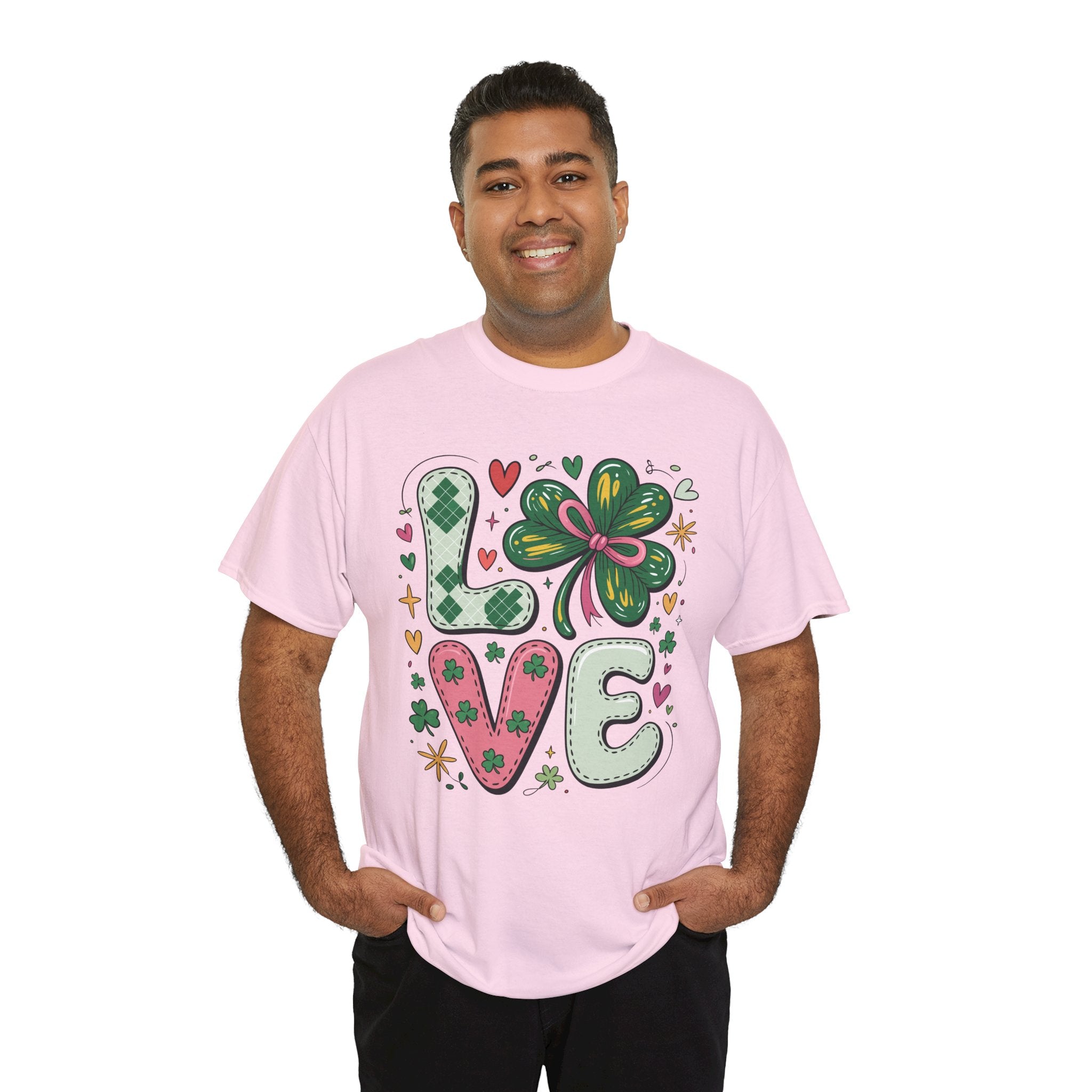 Stitched Clover 'LOVE' Tee — Heart & Patchwork St. Patrick's Unisex Cotton T-Shirt