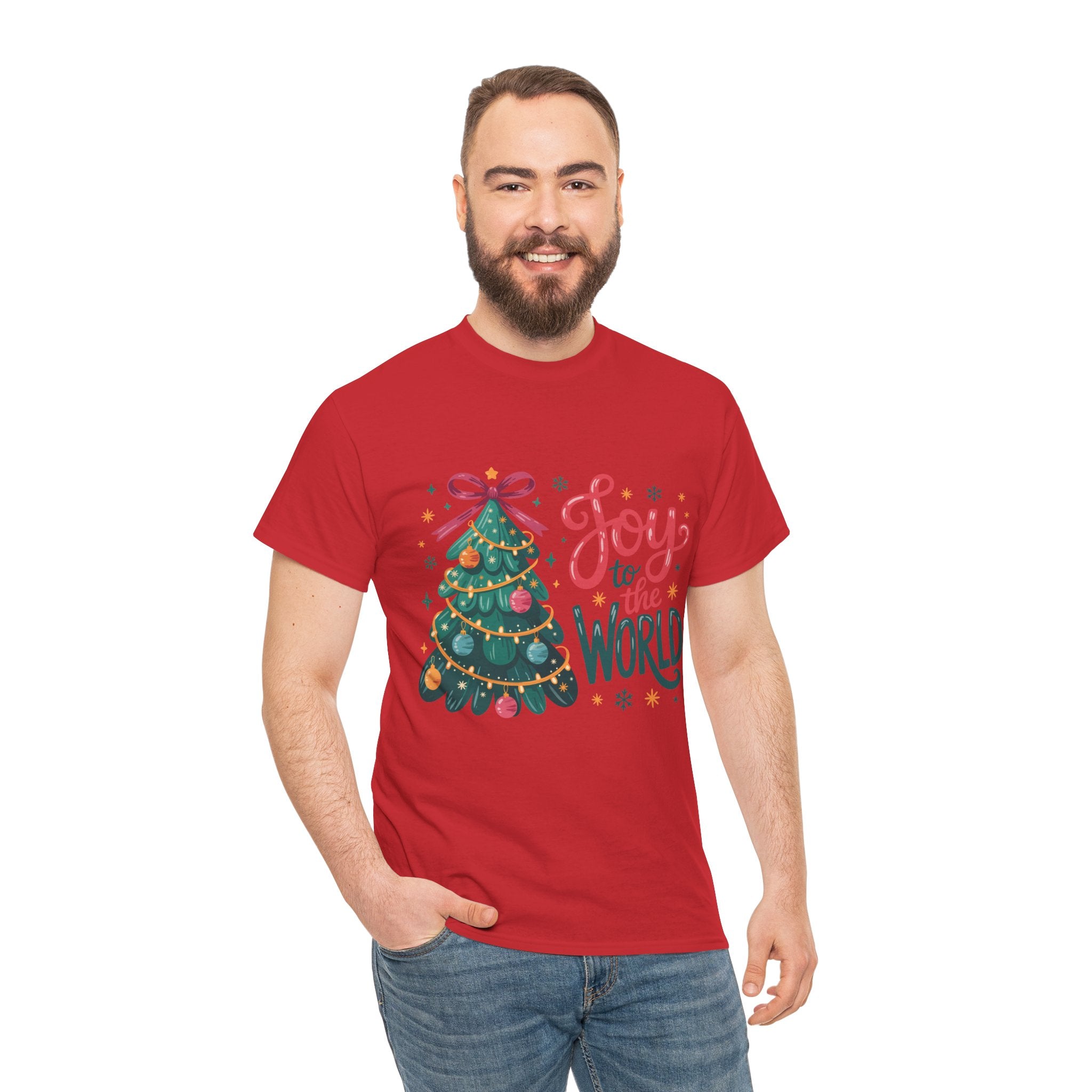 Joy to the World Christmas Tee — Festive Tree with Pink Bow..Unisex Cotton Tee