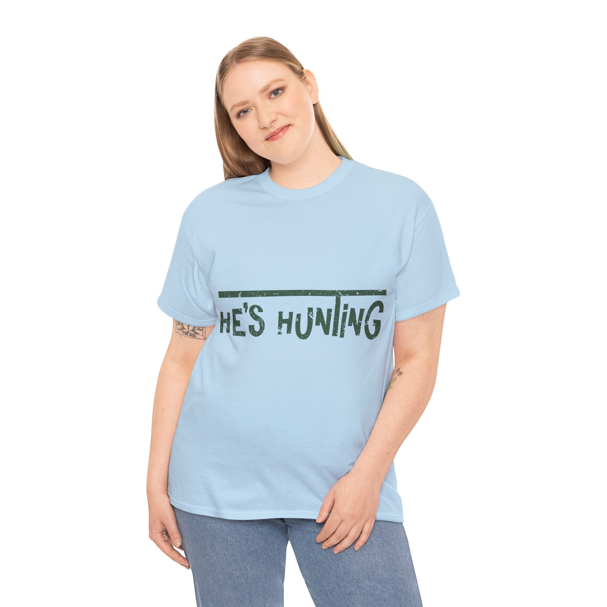 He’s Hunting Distressed Tee — Minimalist Tan Hunting Unisex Cotton Tshirt