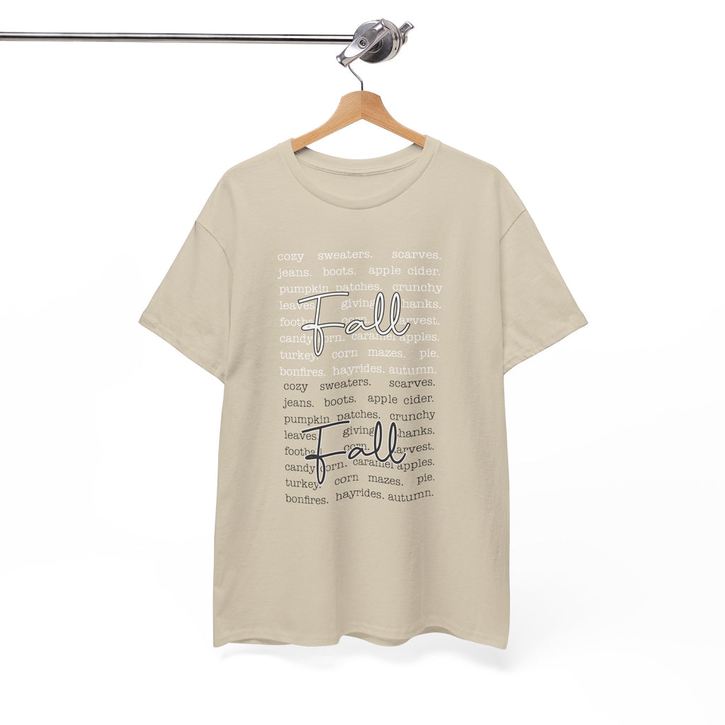 Fall Cursive Typography T-Shirt — Sweaters, Cider & Pumpkins. Unisex Cotton Tee