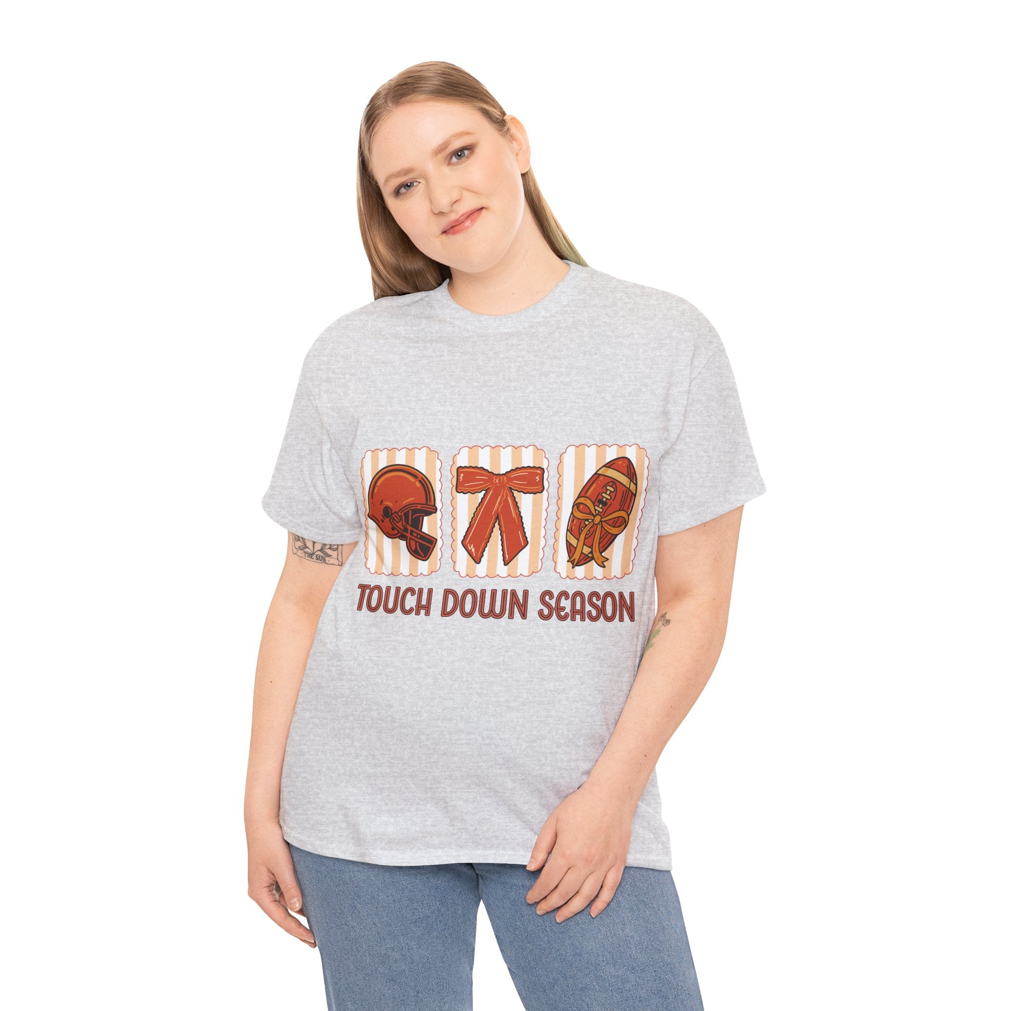 Touch Down Season Football Tee — Striped Fall Helmet & Bow Design Unisex Cotton Tee