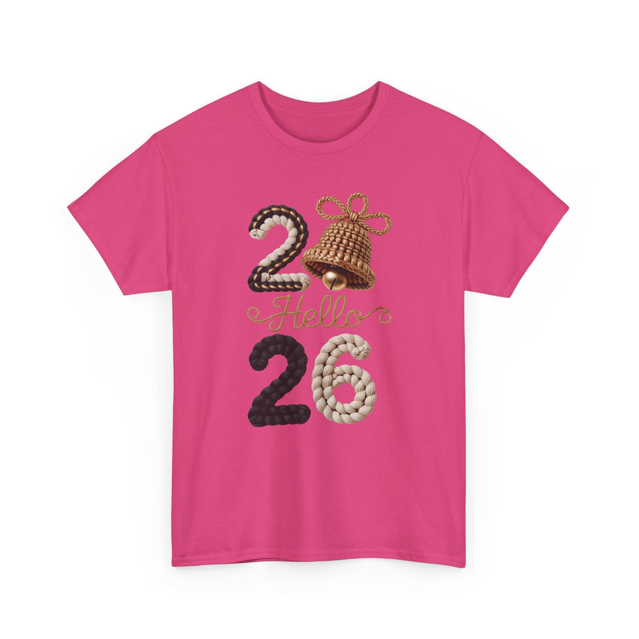 Hello 2026 Tee — Cozy Faux Yarn Braided Numbers with Woven Golden Bell..Unisex Cotton Tee