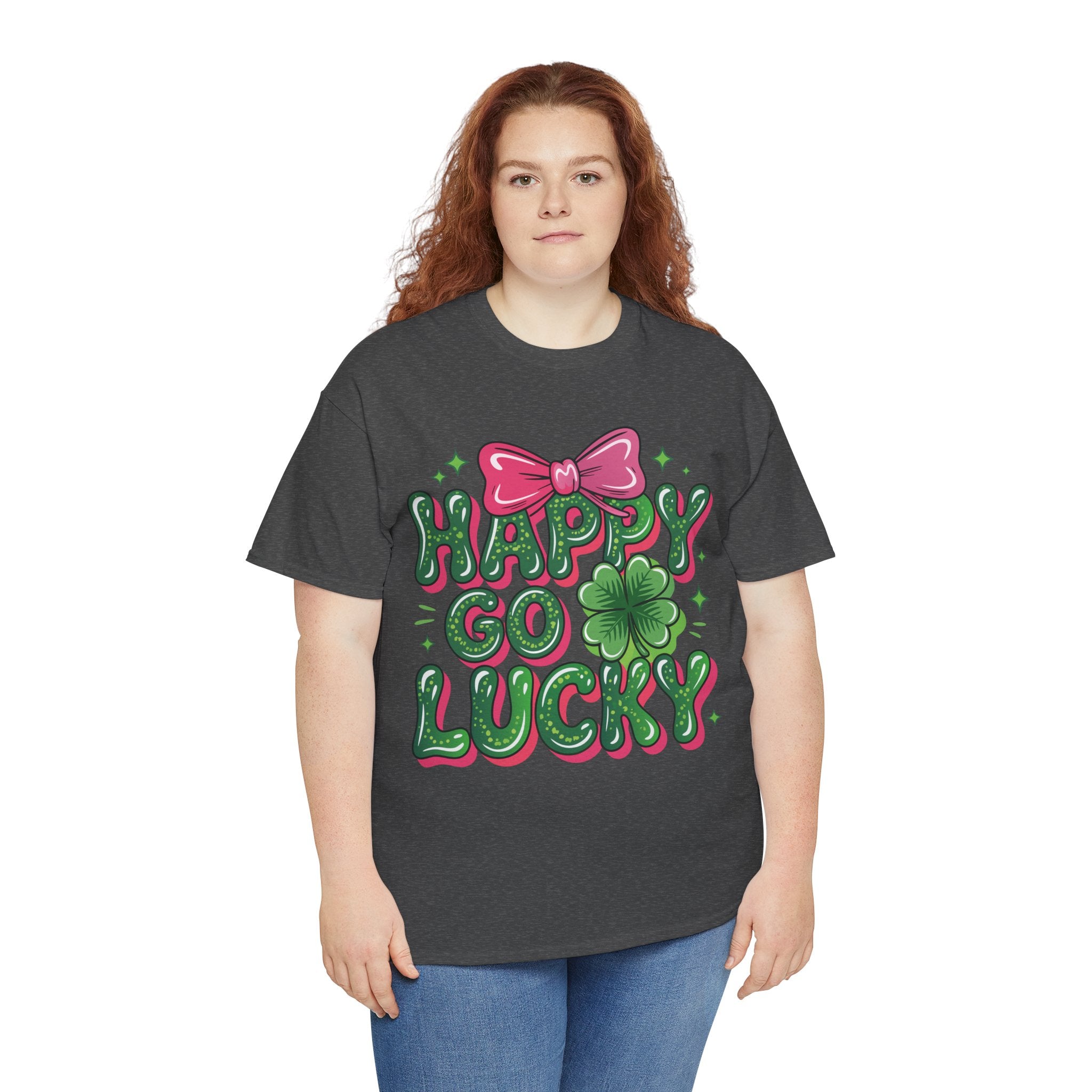 Happy Go Lucky Four-Leaf Clover Tee — Glossy Green Letters & Pink Bow Unisex Cotton Tee
