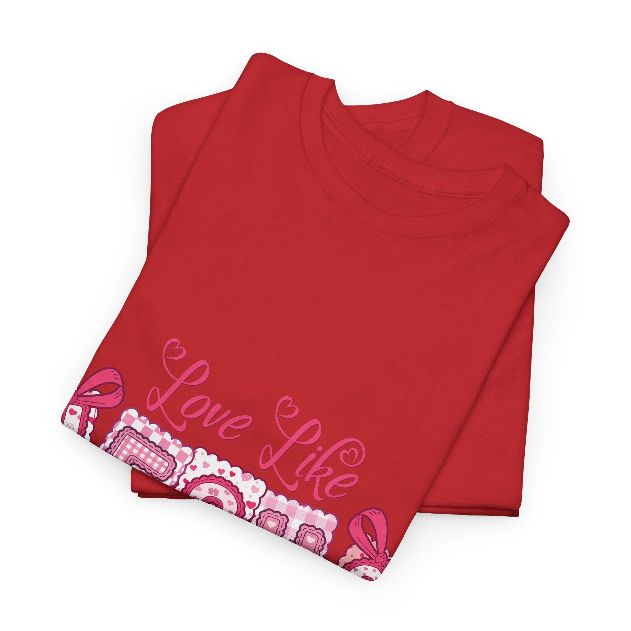 Love Like Jesus Patchwork Tee — Pink Stitched Heart Graphic.Unisex Cotton Tee