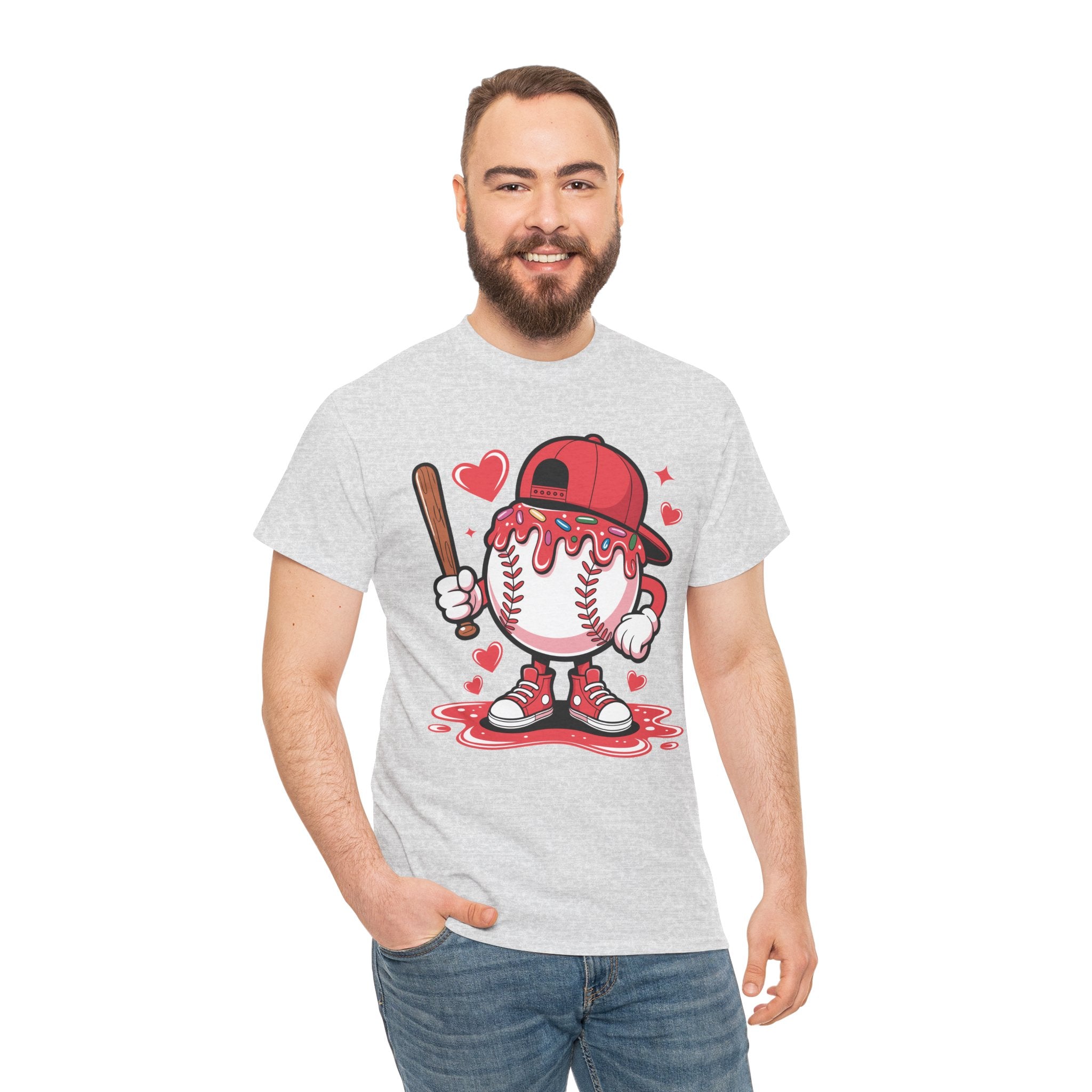 Cute Baseball Character T-Shirt — Red Cap & Icing Top Graphic with Hearts Unisex Cotton Tee