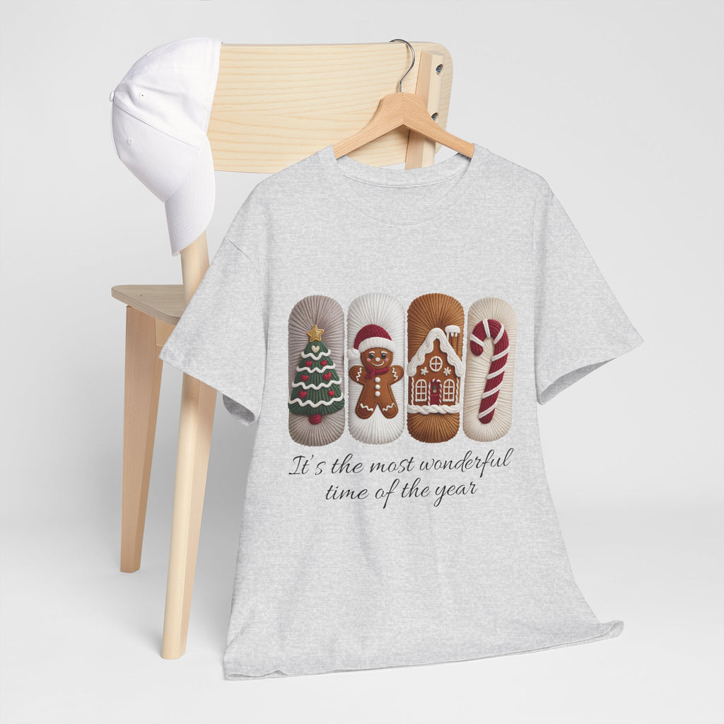 Christmas Faux-Yarn Tree Tee — Gingerbread House & Candy Cane Holiday Unisex Cotton T-Shirt