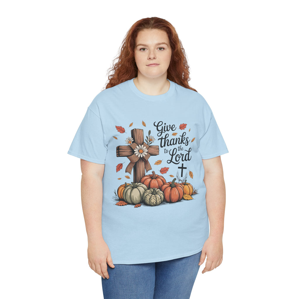 Give Thanks to the Lord Autumn Tee — Wooden Cross, Pumpkins & Daisies..Unisex Cotton Tee