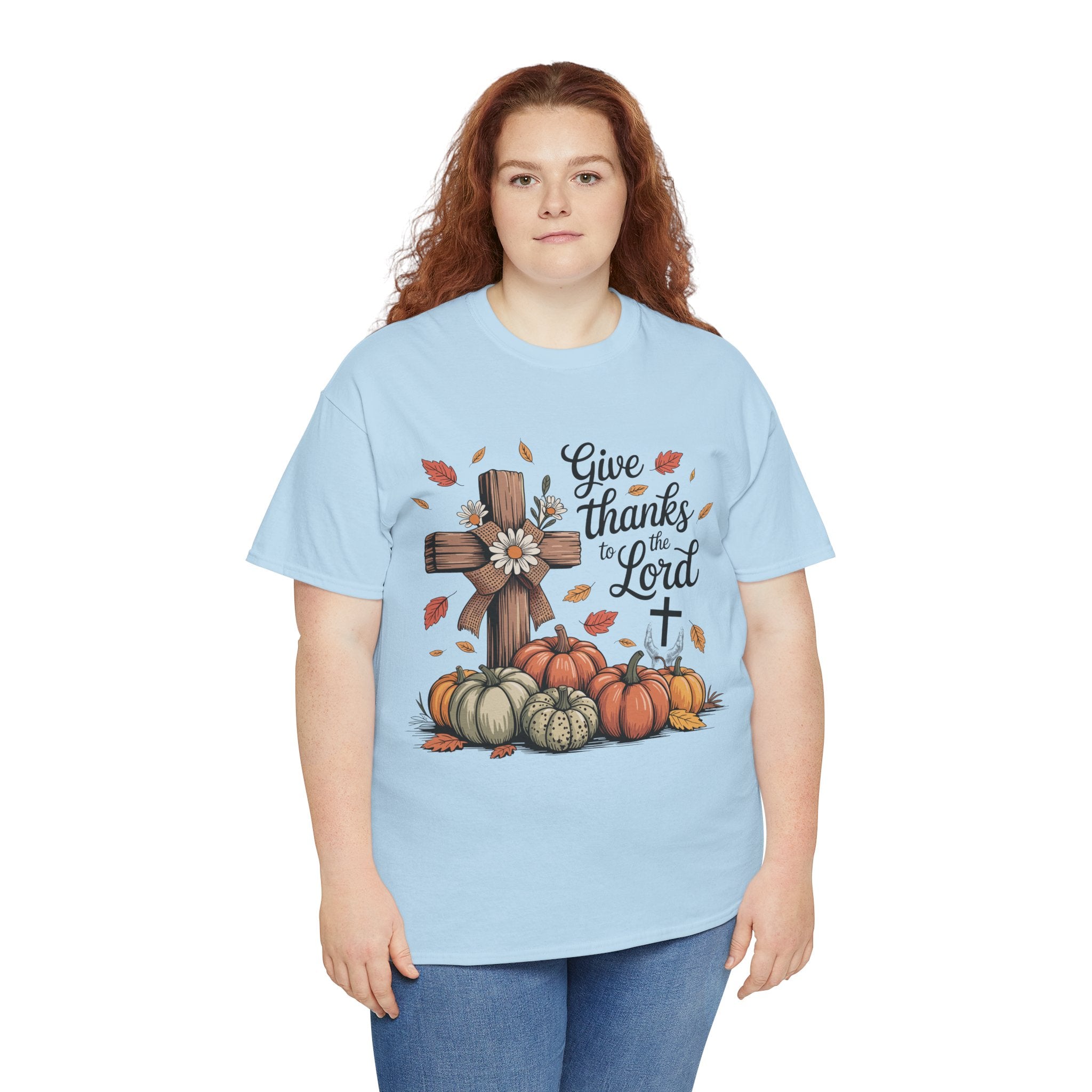 Give Thanks to the Lord Autumn Tee — Wooden Cross, Pumpkins & Daisies..Unisex Cotton Tee