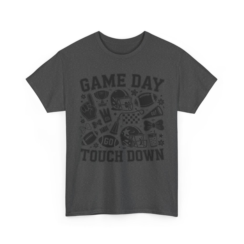 Game Day Touch Down Football T‑Shirt — Helmet & Cheer Monochrome Design Unisex Cotton Tee