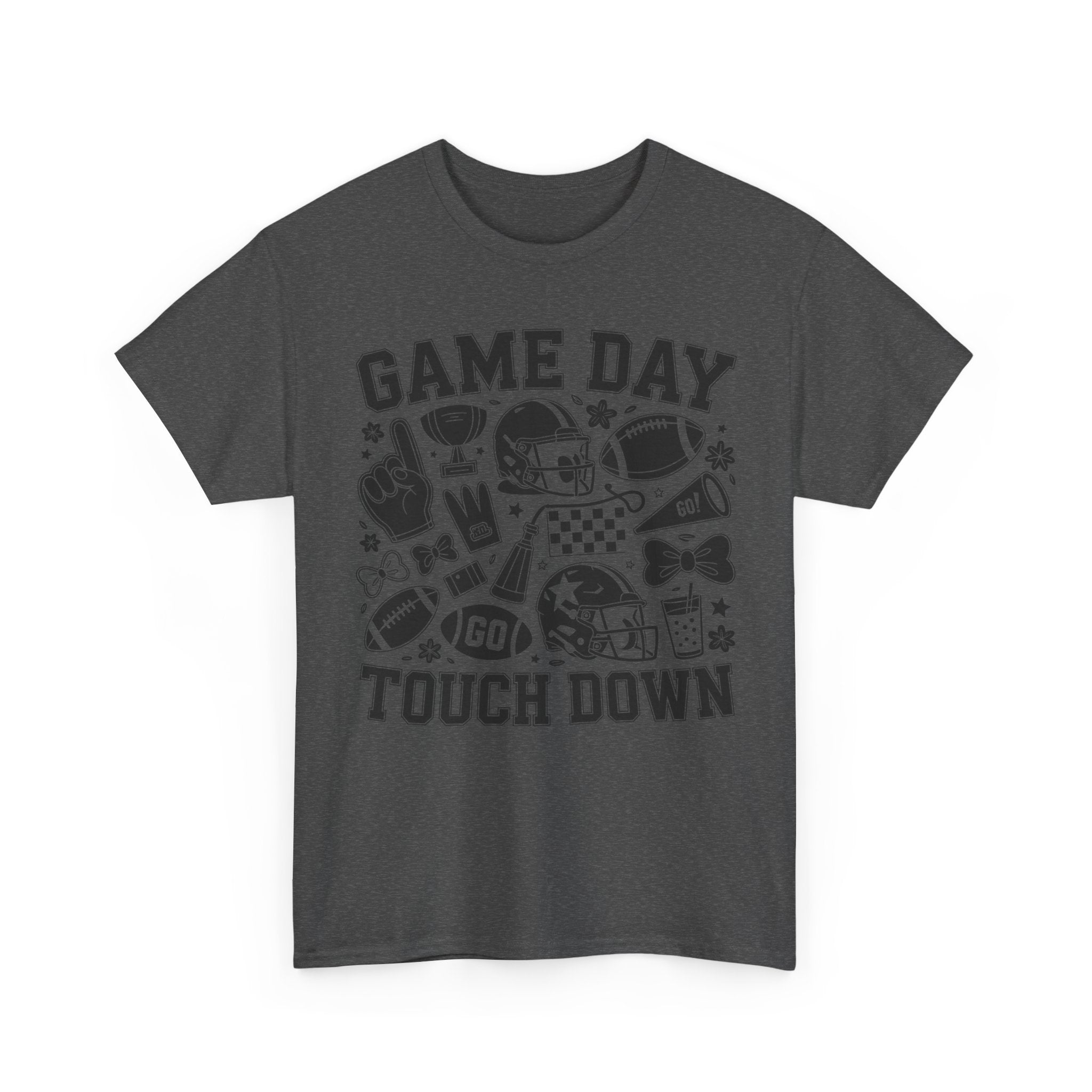 Game Day Touch Down Football T‑Shirt — Helmet & Cheer Monochrome Design Unisex Cotton Tee