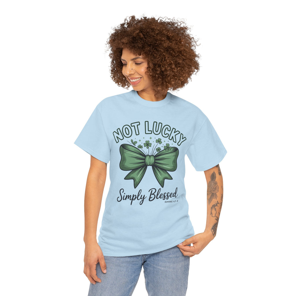 Not Lucky, Simply Blessed T-Shirt — Green Bow & Clovers St. Patrick’s Unisex Cotton Tee