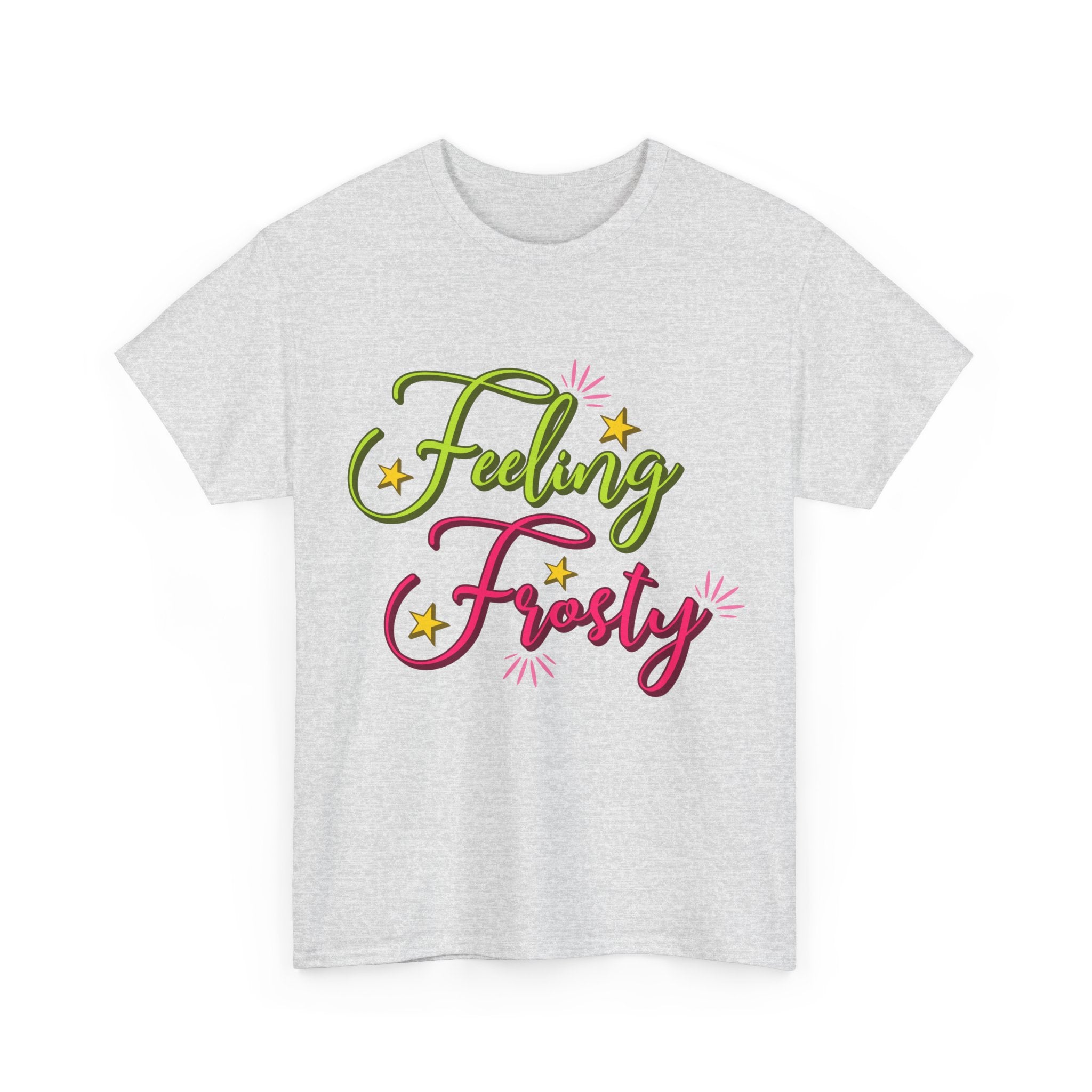 Feeling Frosty Holiday T-Shirt — Green & Pink Script Stars.Unisex Cotton Tee