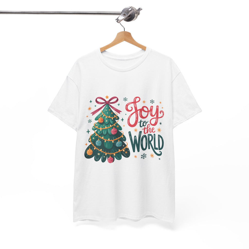 Joy to the World Christmas Tee — Festive Tree with Pink Bow..Unisex Cotton Tee