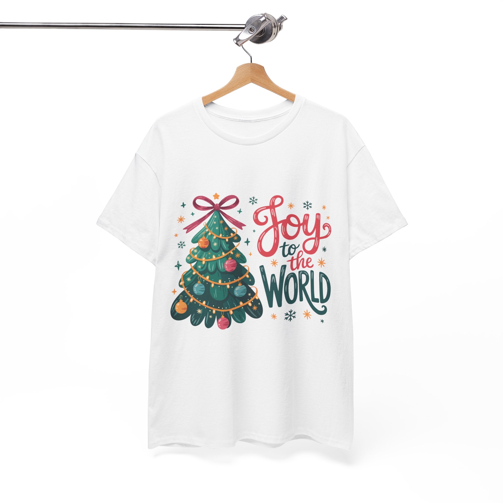 Joy to the World Christmas Tee — Festive Tree with Pink Bow..Unisex Cotton Tee
