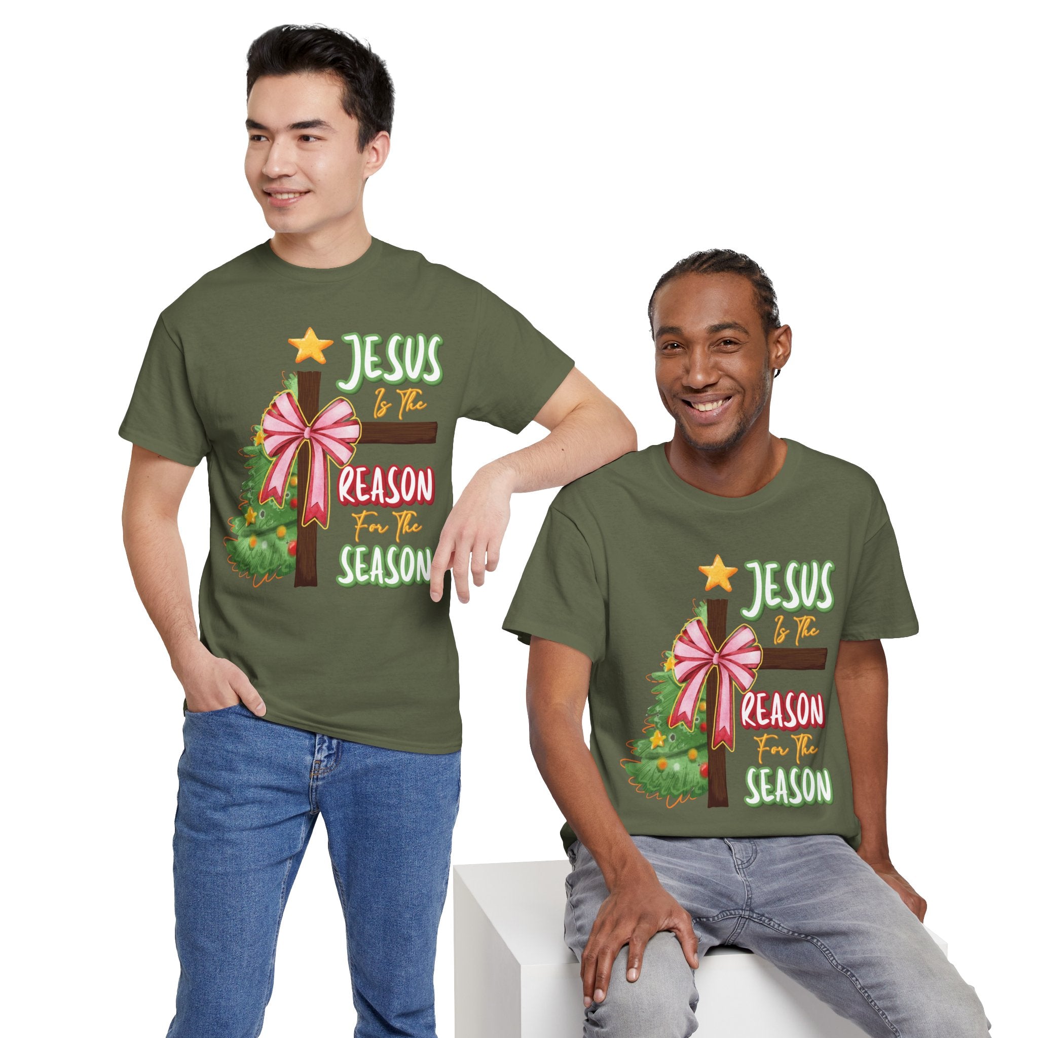 Jesus Is the Reason for the Season Christmas Tee — Cross with Pink Bow & Tree. Unisex Cotton Tee
