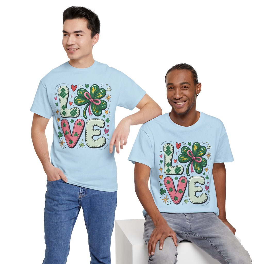Stitched Clover 'LOVE' Tee — Heart & Patchwork St. Patrick's Unisex Cotton T-Shirt