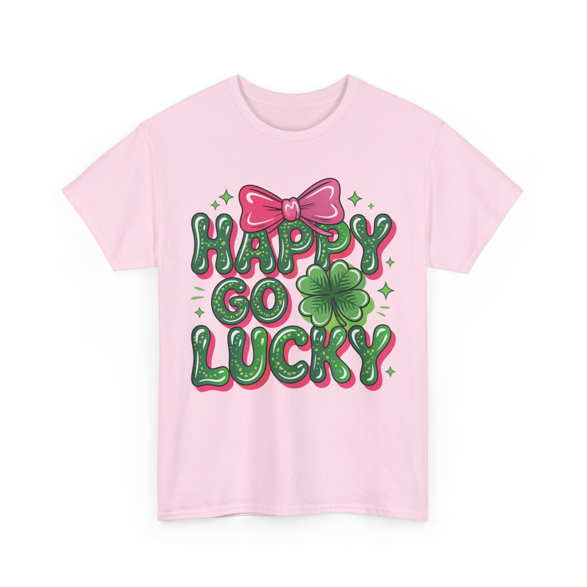 Happy Go Lucky Four-Leaf Clover Tee — Glossy Green Letters & Pink Bow Unisex Cotton Tee