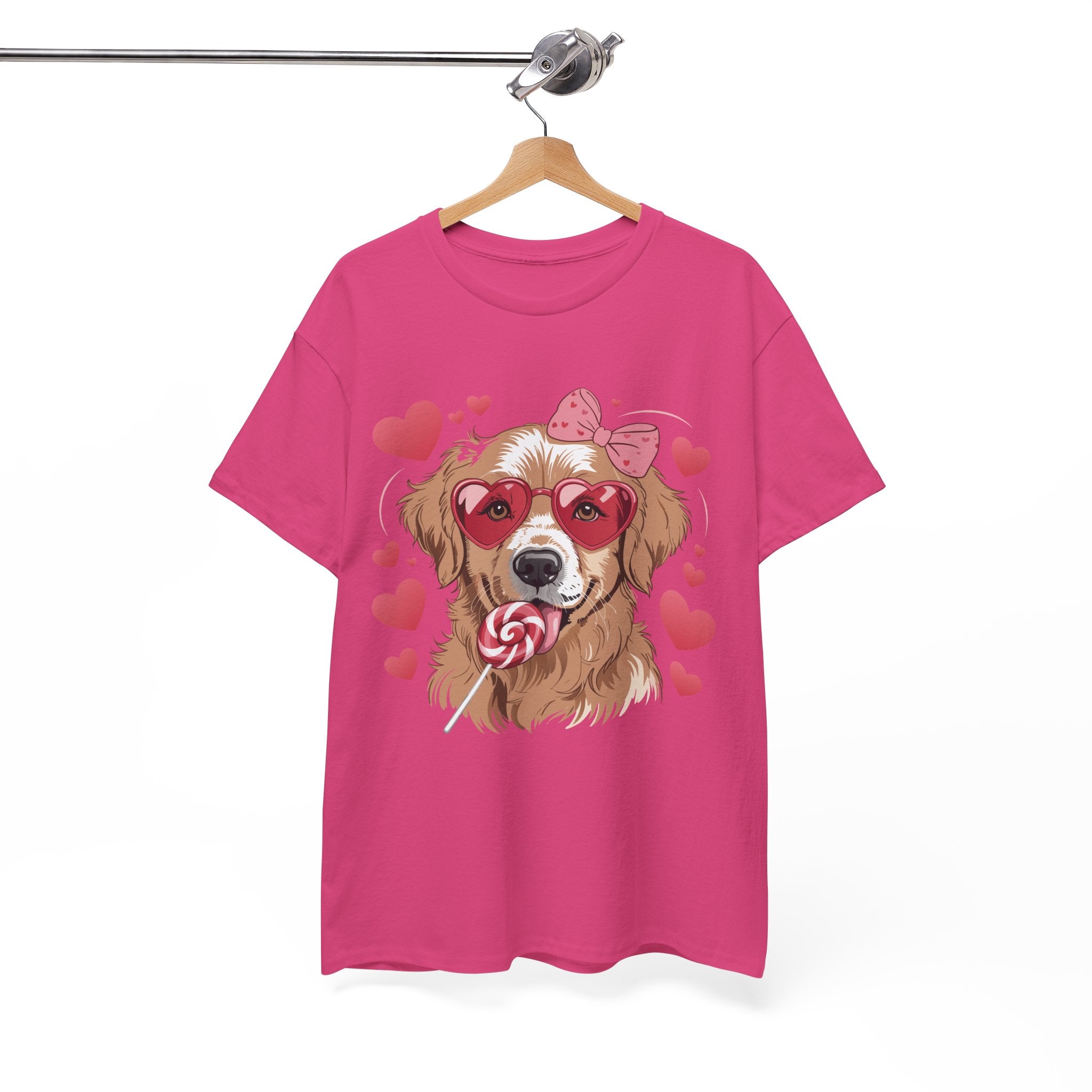 Valentine Dog T-Shirt — Cute Pup with Heart Glasses, Pink Bow & Lollipop..Unisex Cotton Tee