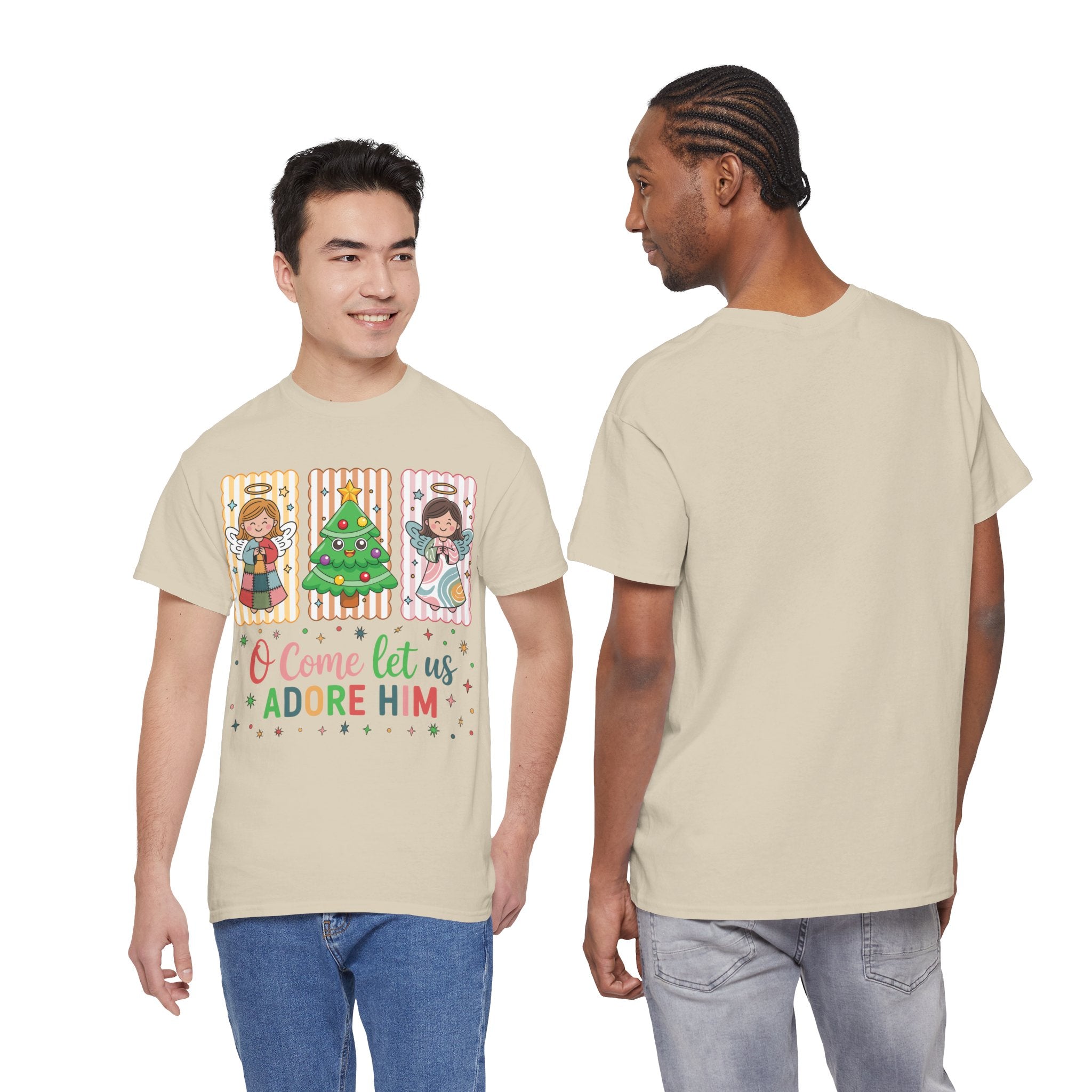 O Come Let Us Adore Him Christmas Tee — Smiling Angels & Happy Tree..Unisex Cotton Tee