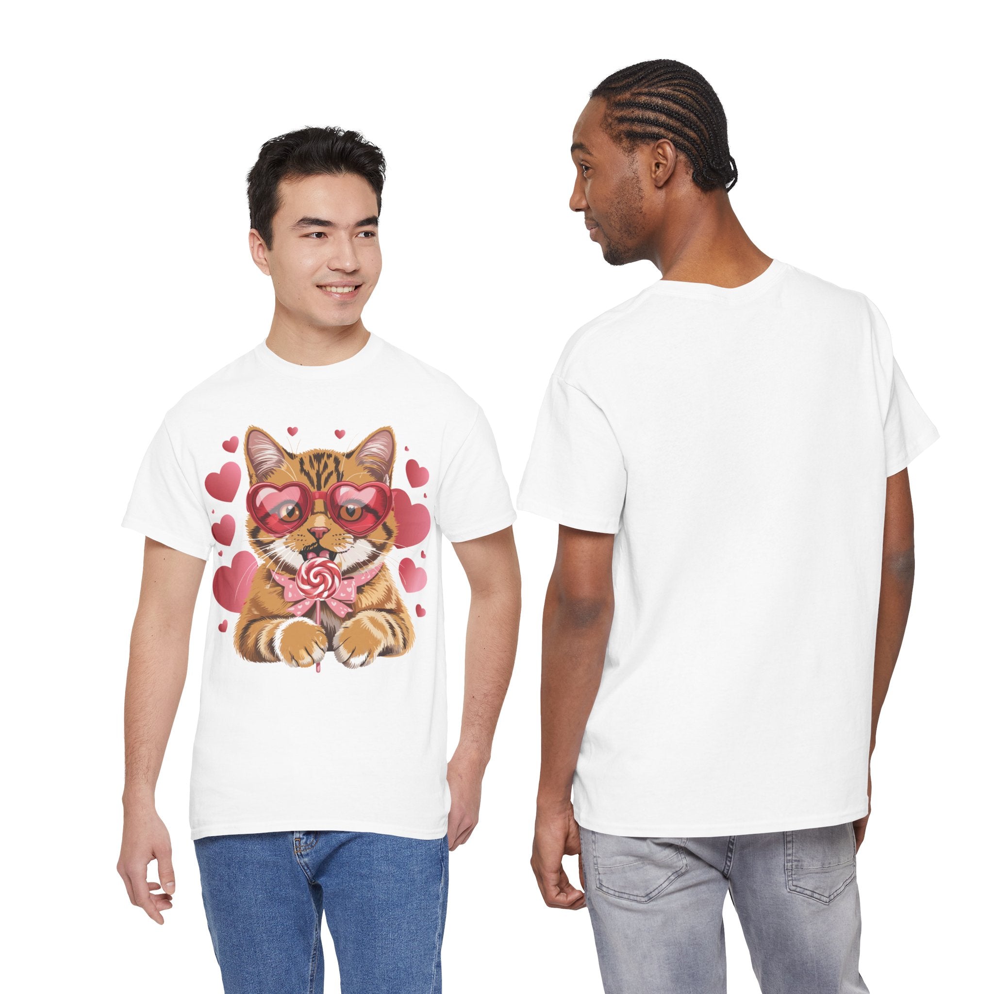Valentine Cat Tee — Heart Glasses, Lollipop Bow Unisex Cotton Tee