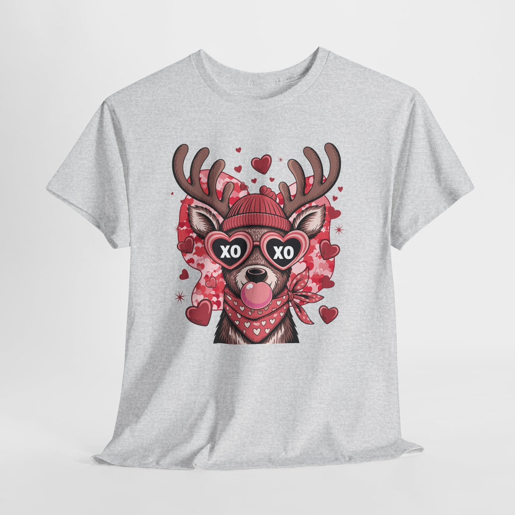 Valentine Deer Tee — Cute XO Heart Glasses, Beanie & Scarf Unisex Cotton Tshirt