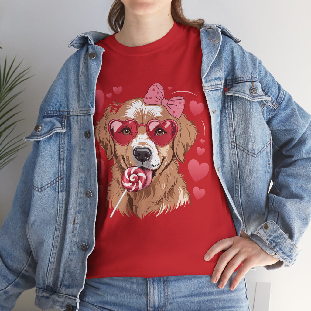 Valentine Dog T-Shirt — Cute Pup with Heart Glasses, Pink Bow & Lollipop..Unisex Cotton Tee