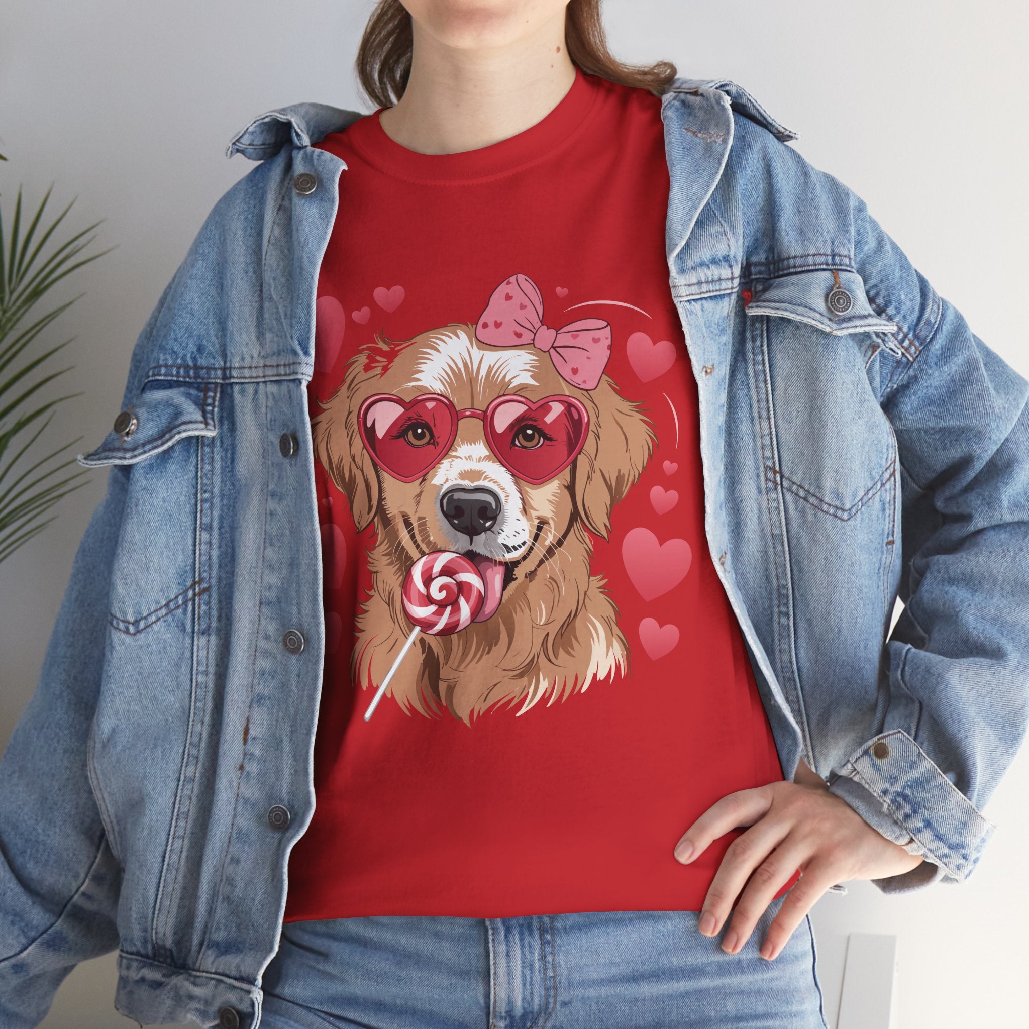 Valentine Dog T-Shirt — Cute Pup with Heart Glasses, Pink Bow & Lollipop..Unisex Cotton Tee
