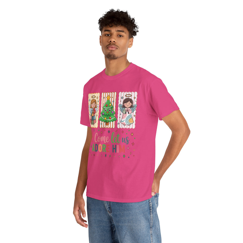 O Come Let Us Adore Him Christmas Tee — Smiling Angels & Happy Tree..Unisex Cotton Tee