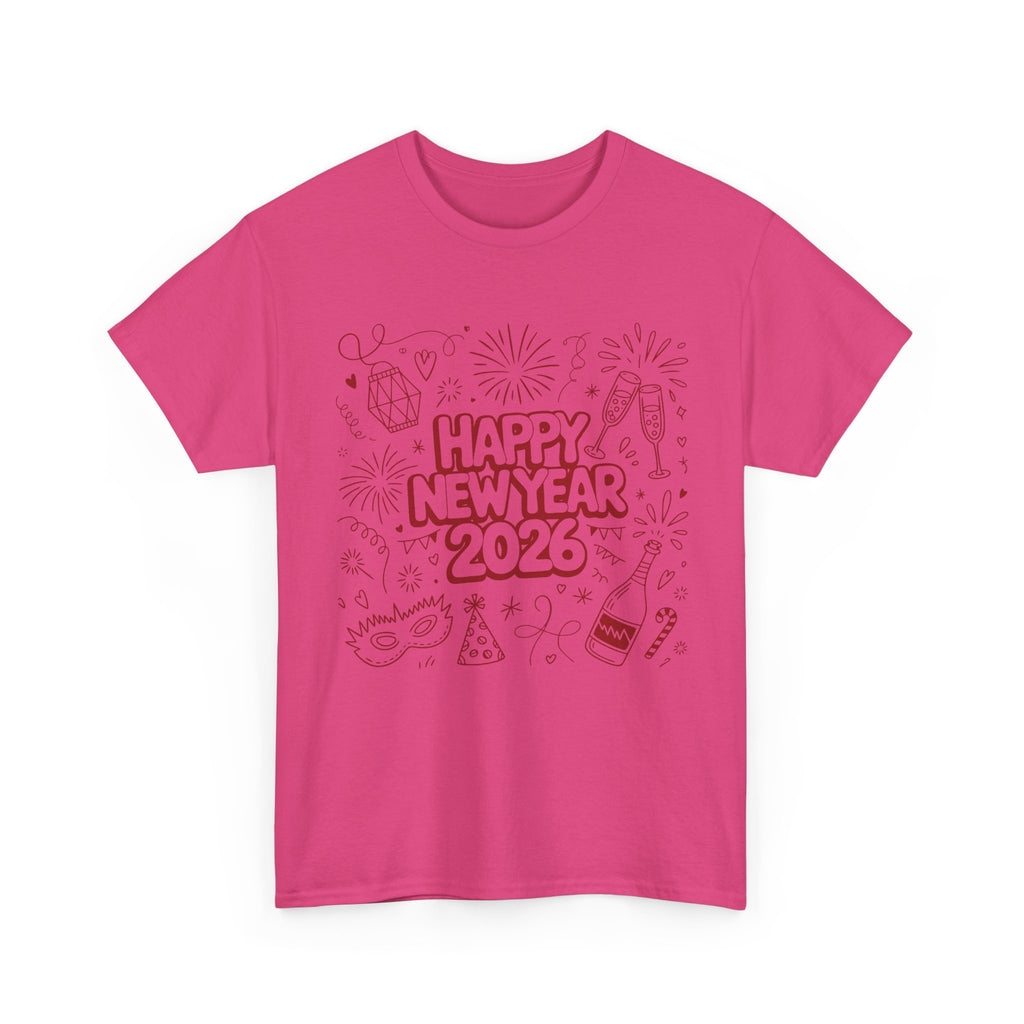 Happy New Year 2026 Doodle T-Shirt — Pink Party Icons & Champagne Unisex Cotton Tee