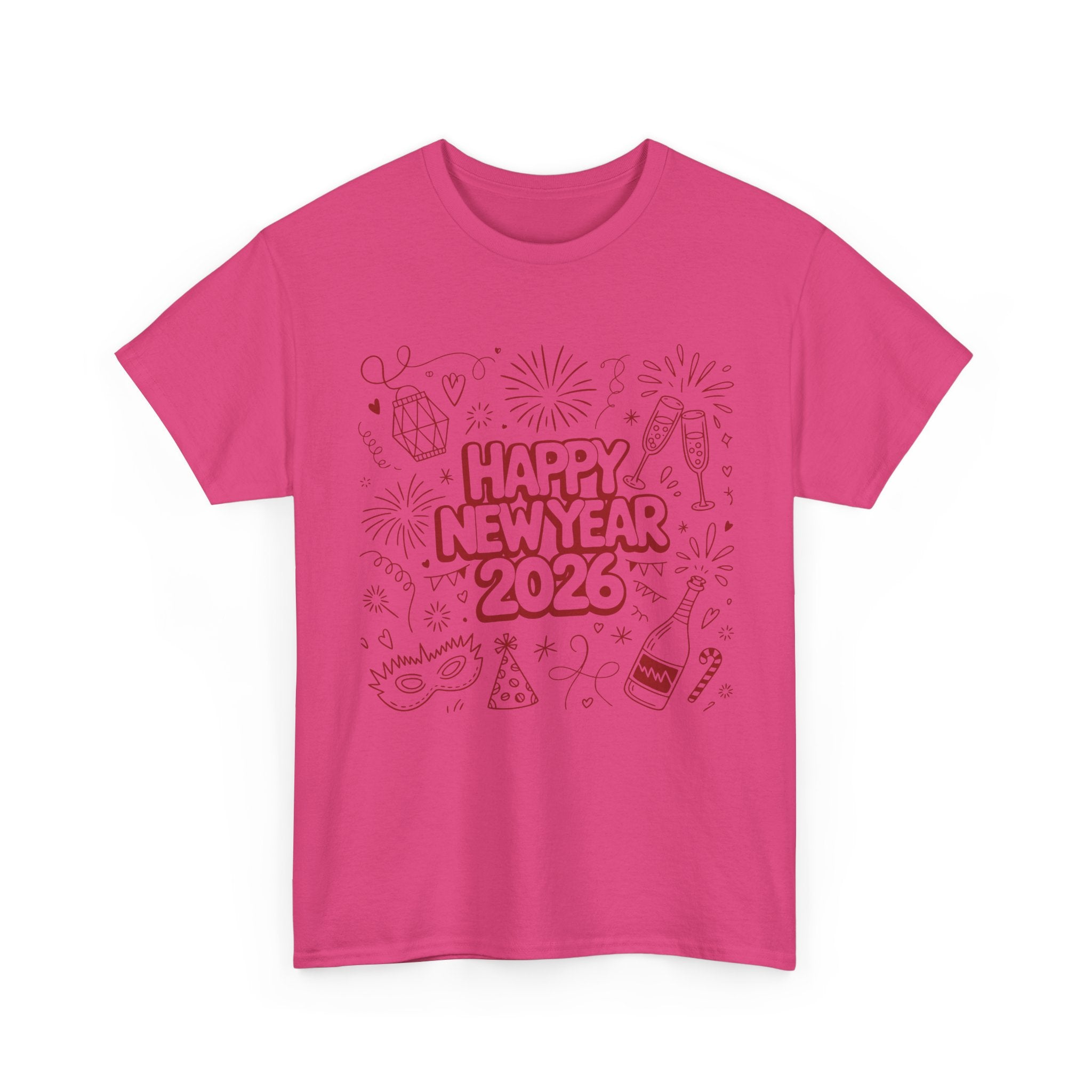 Happy New Year 2026 Doodle T-Shirt — Pink Party Icons & Champagne Unisex Cotton Tee