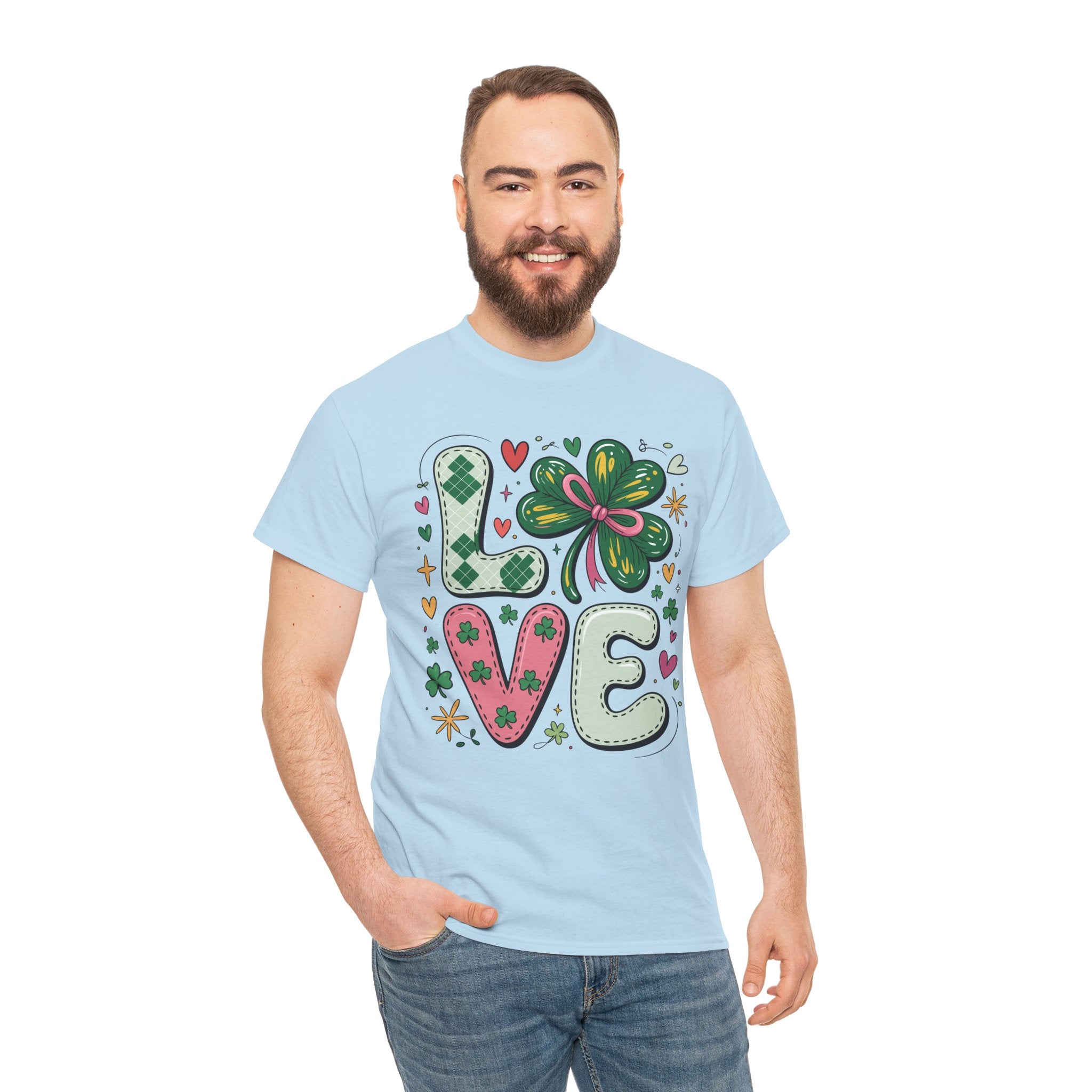 Stitched Clover 'LOVE' Tee — Heart & Patchwork St. Patrick's Unisex Cotton T-Shirt