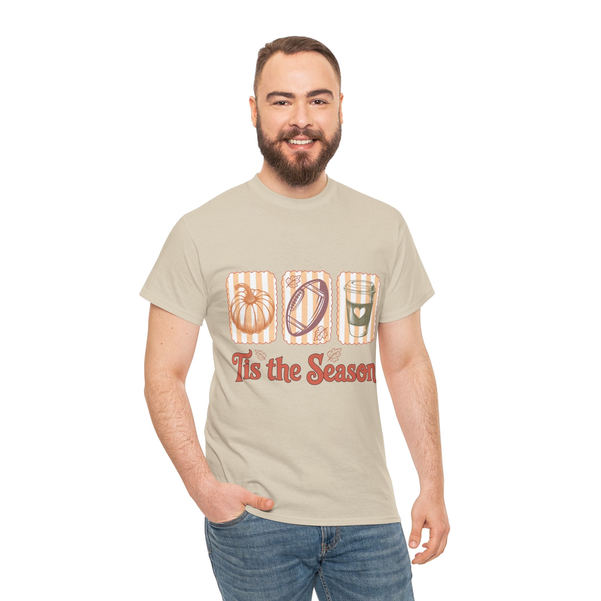 Tis the Season Pumpkin, Football & Coffee Fall Unisex Cotton T-Shirt
