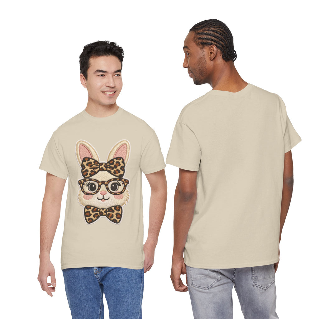 Leopard Bow Bunny Embroidered Tee — Cute Bunny Face with Glasses Patch Unisex Cotton Tee