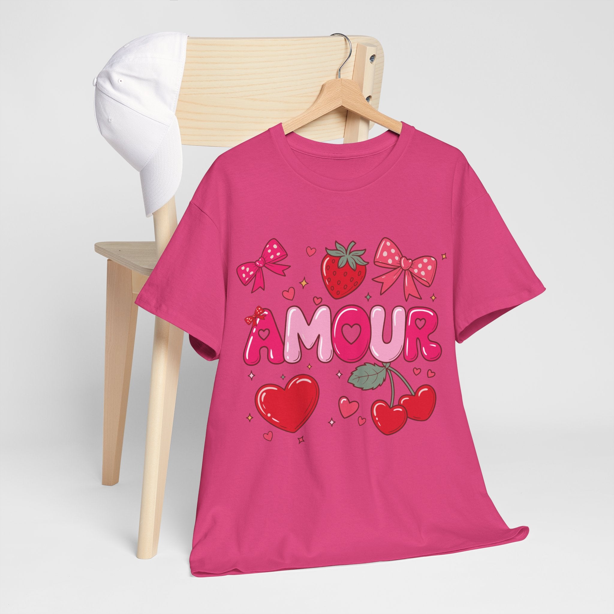 Amour Pink Hearts Tee — Shiny Lettering with Bows, Cherries & Strawberry Accent...Unisex Cotton Tee