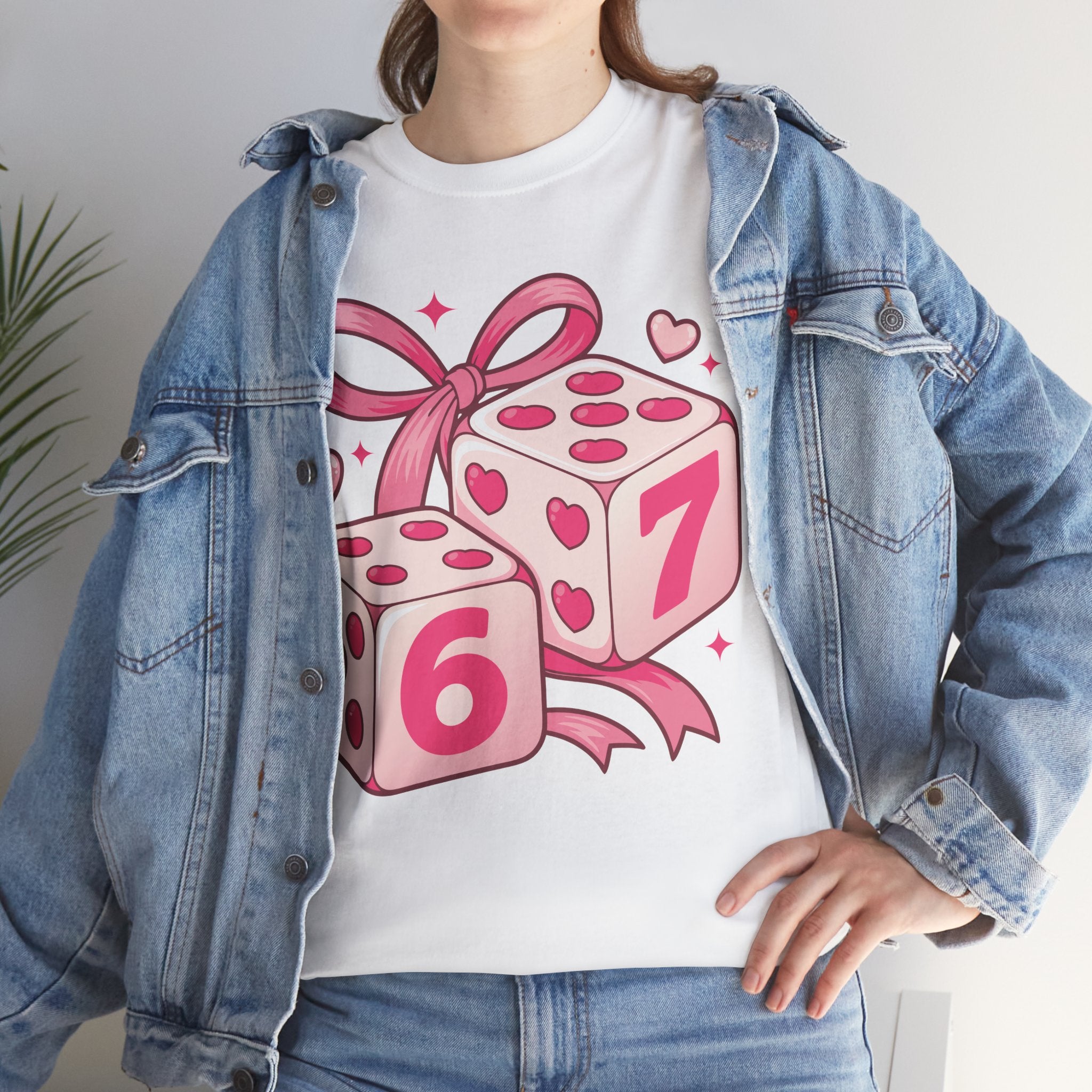 Lucky Love Dice T-Shirt — Pink Heart Dice with Bow..Unisex Cotton Tee