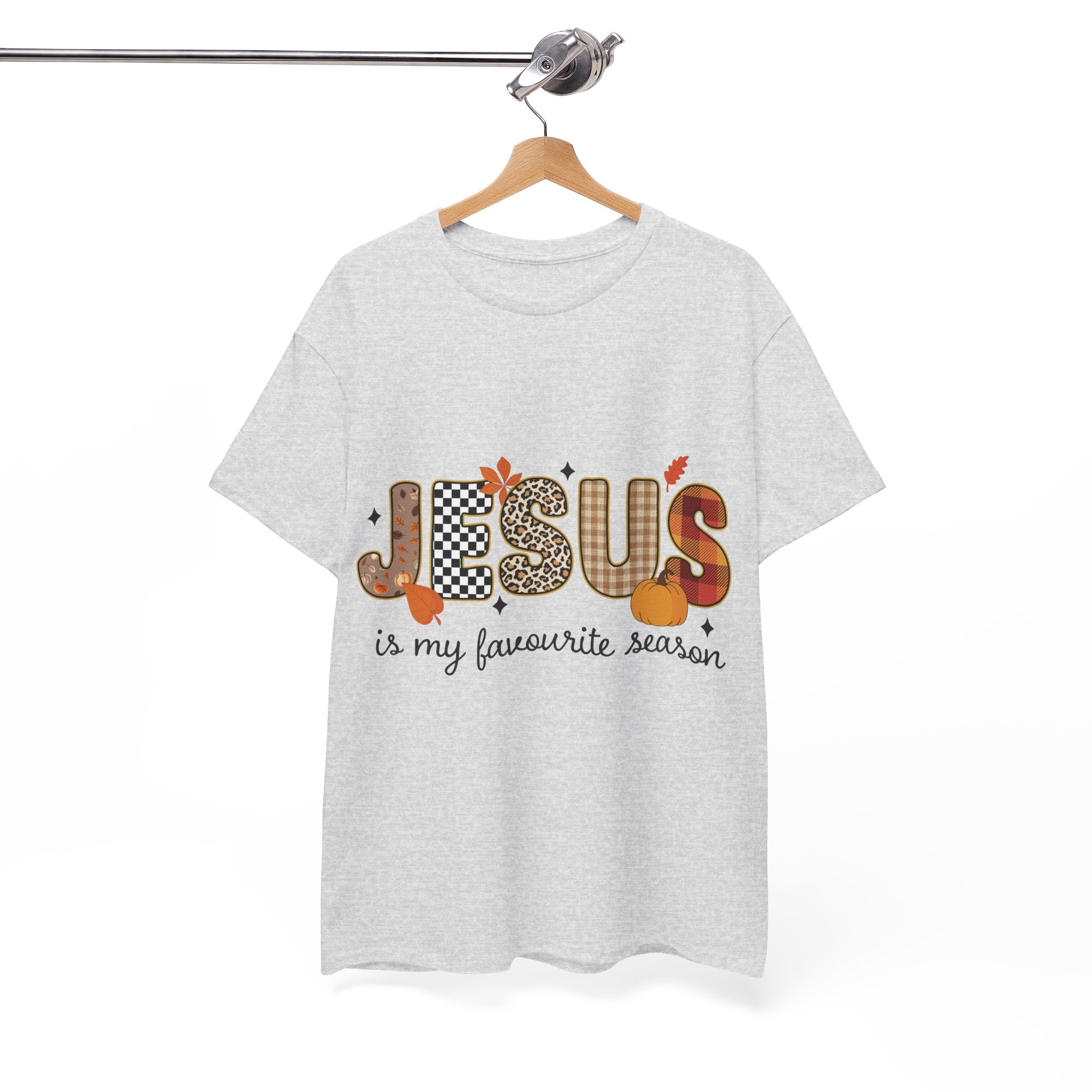 Jesus Is My Favorite Season Tee — Autumn Plaid & Leopard Lettering Unisex Cotton Tee