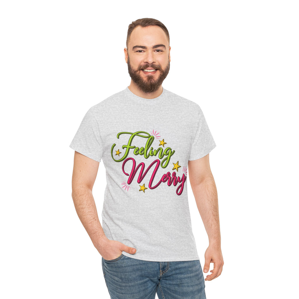 Feeling Merry T-Shirt — Bright Green & Pink Holiday Tee with Stars.Unisex Cotton Tee