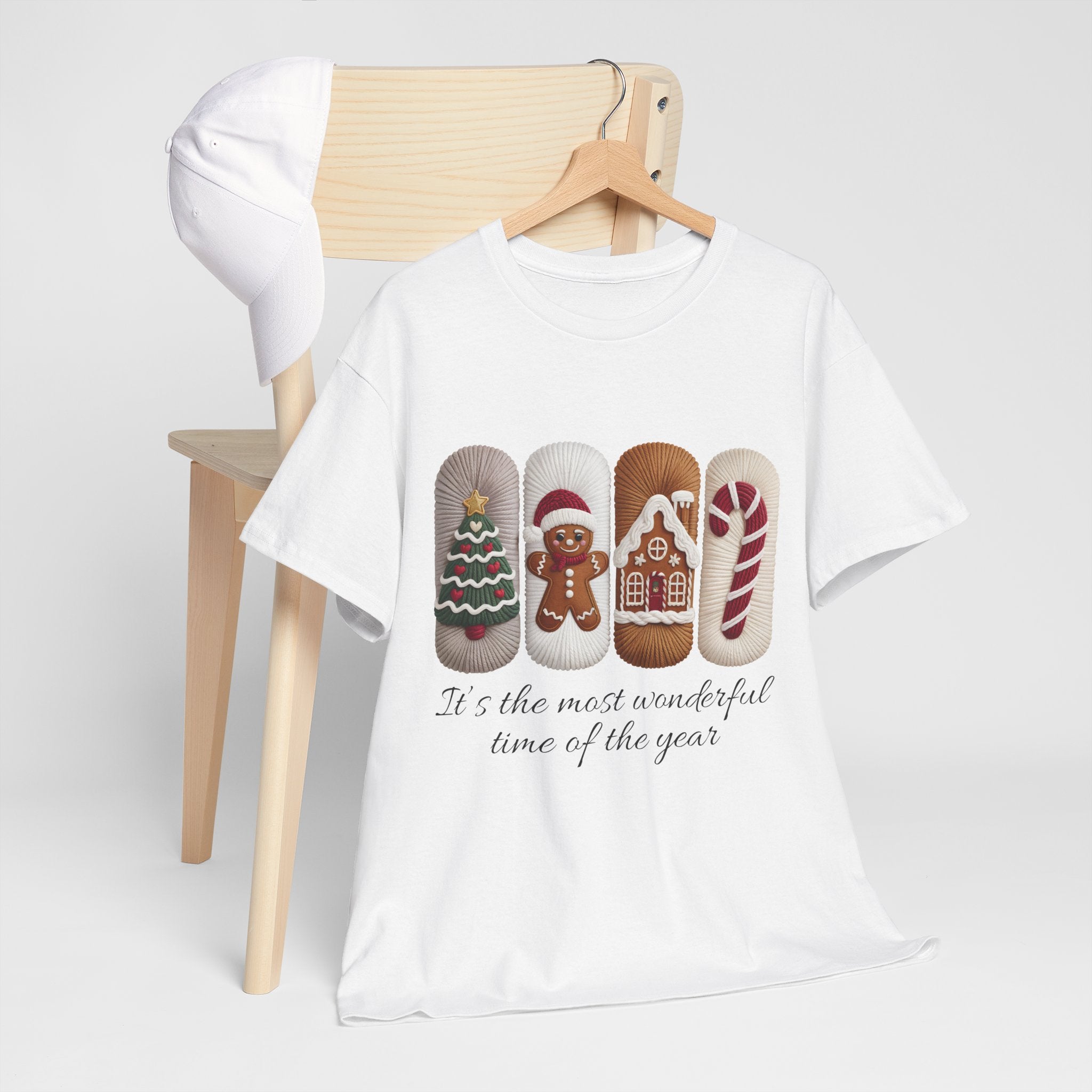 Christmas Faux-Yarn Tree Tee — Gingerbread House & Candy Cane Holiday Unisex Cotton T-Shirt