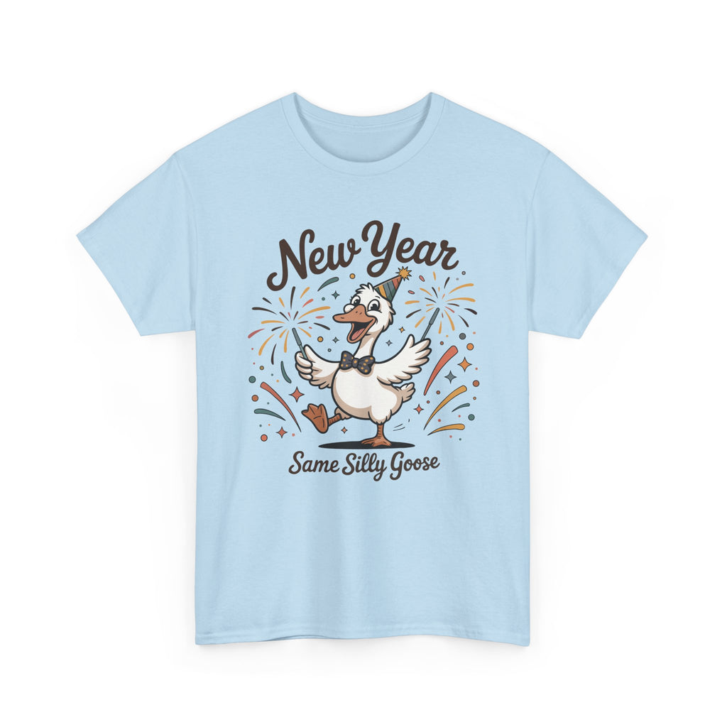 Happy Goose New Year T-Shirt — Party Hat, Fireworks & Confetti Unisex Cotton Tee
