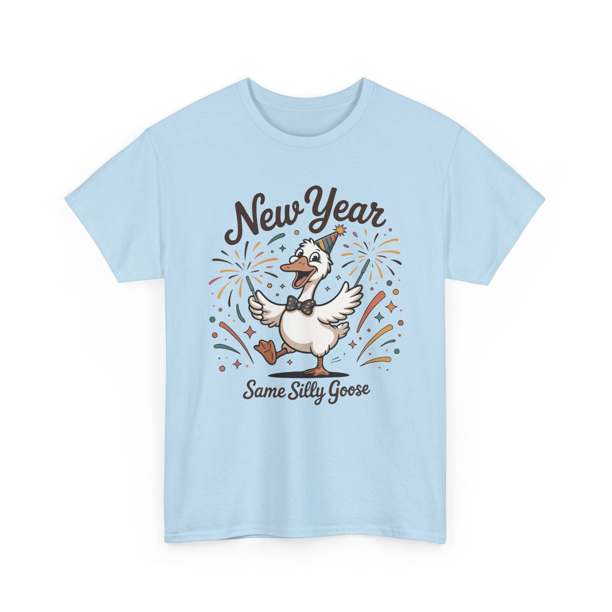 Happy Goose New Year T-Shirt — Party Hat, Fireworks & Confetti Unisex Cotton Tee