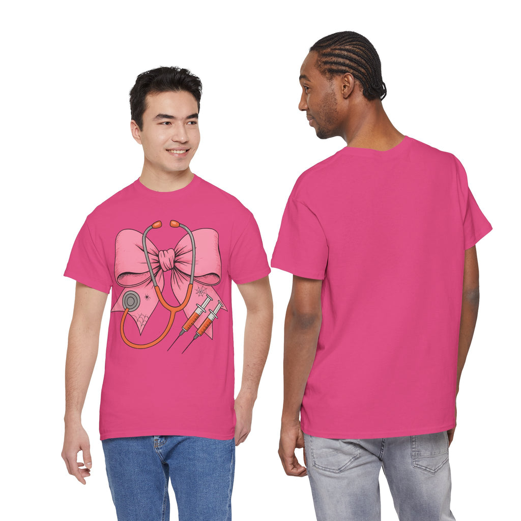 Halloween Nurse T‑Shirt — Pink Nurse Bow with Stethoscope, Syringes & Spider Webs..Unisex Cotton Tee