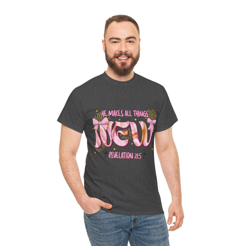 Christian Marble Tee — “He Makes All Things New” (Revelation 21:5)... Unisex Cotton Tee
